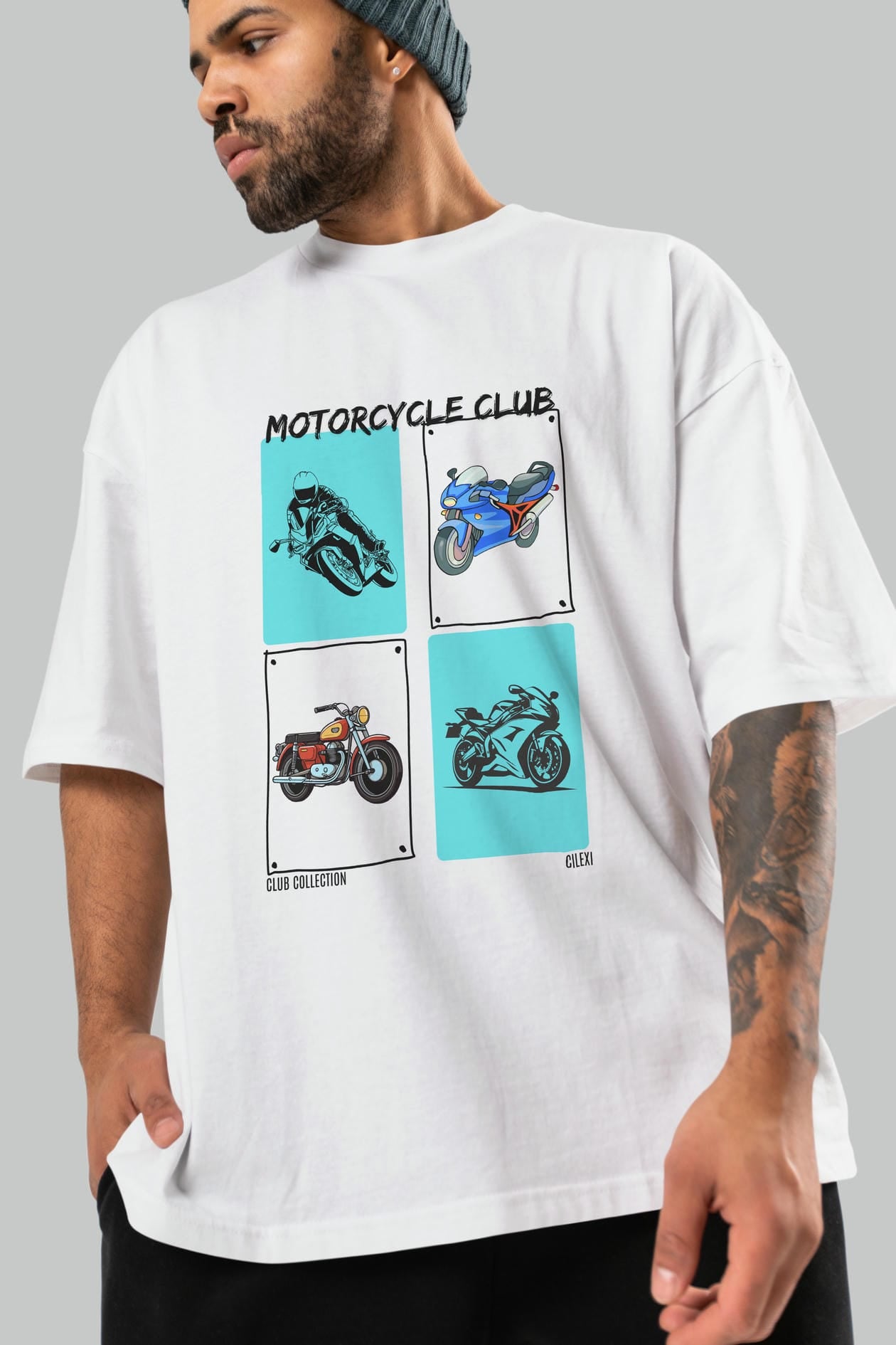 Motorcycle Club ön Baskılı Oversize t-shirt Erkek Kadın %100 Pamuk Bisiklet Yaka tişort