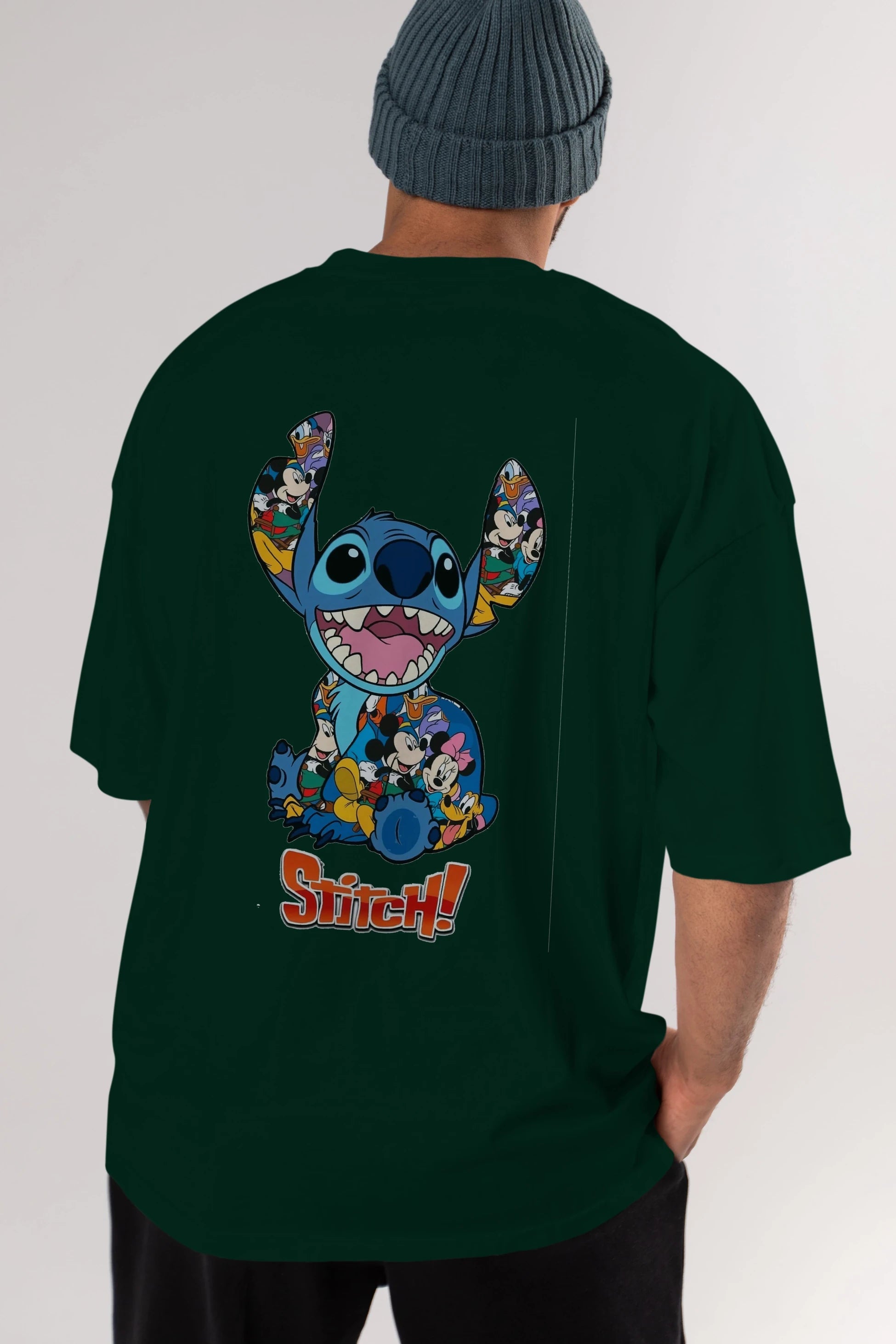 Stitch Arka Baskılı Oversize t-shirt Erkek Kadın Unisex %100 Pamuk Bisiklet Yaka tişort