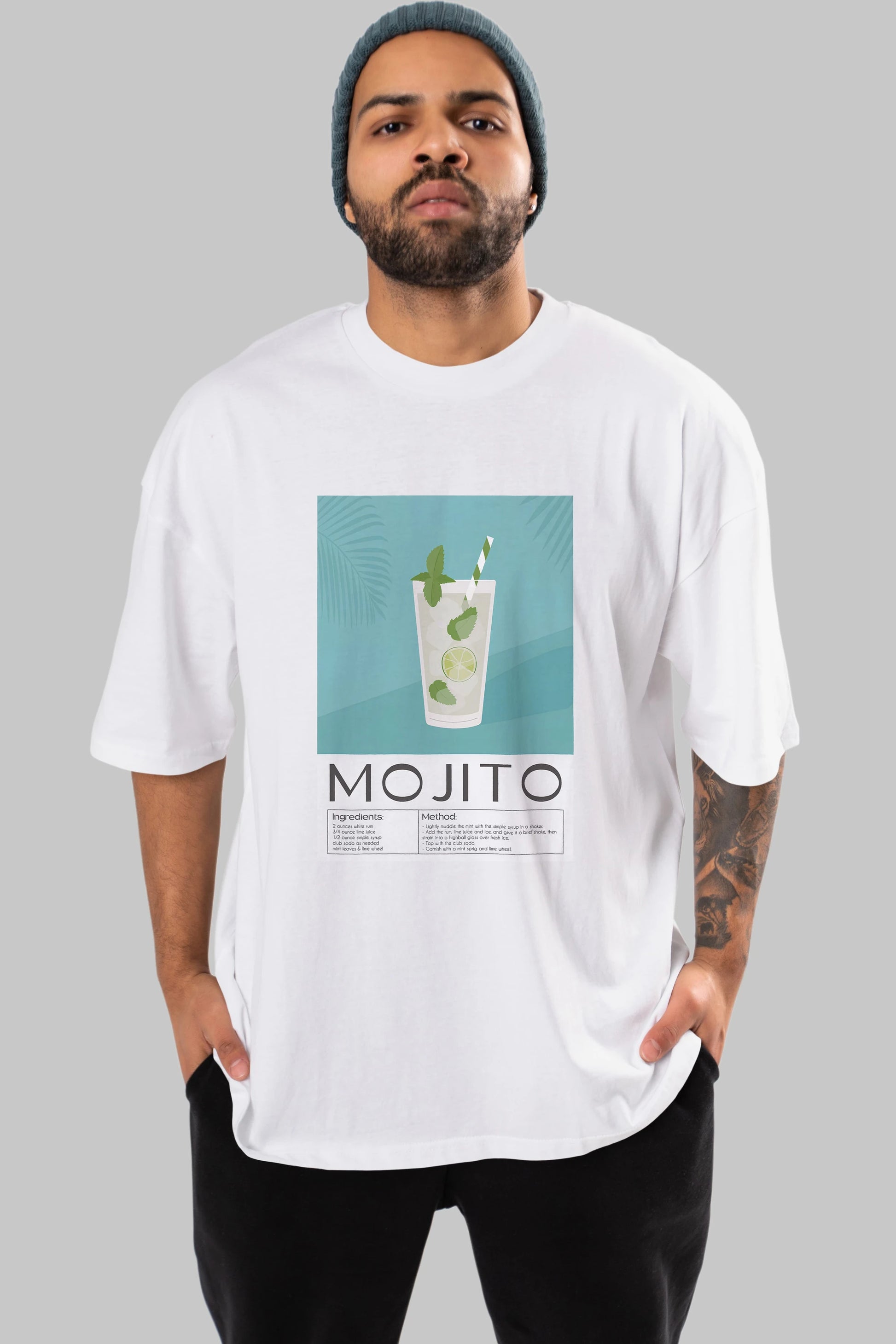 Mojito 4 Ön Baskılı Oversize t-shirt Erkek Kadın Unisex %100 Pamuk Bisiklet Yaka tişort