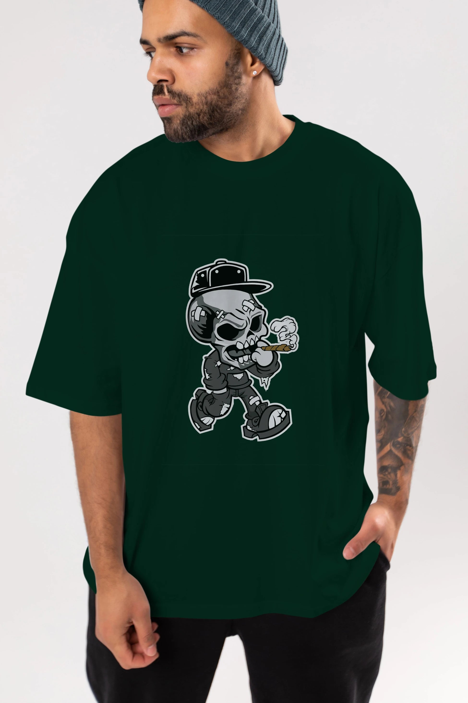 Skull Smoker Ön Baskılı Oversize t-shirt Erkek Kadın Unisex %100 Pamuk tişort