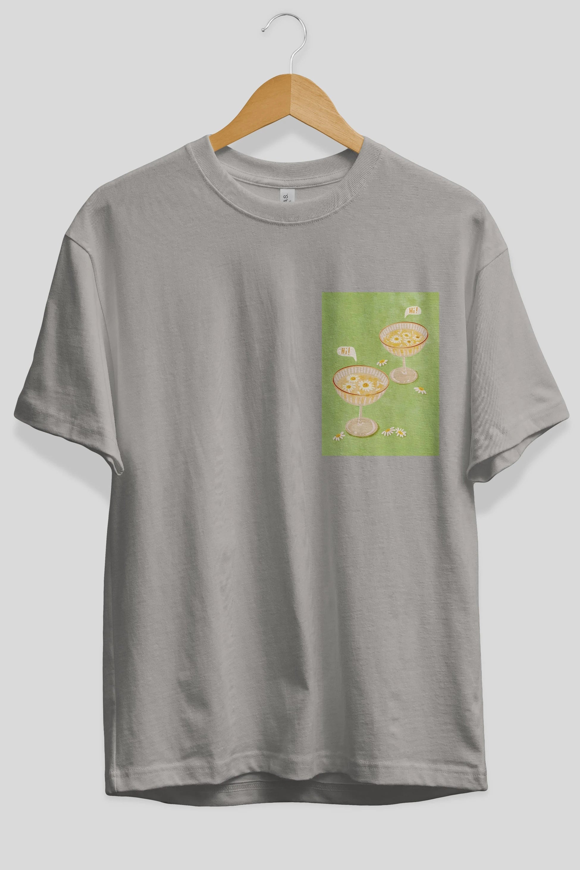 Hi Cheers Ön Sol Baskılı Oversize t-shirt Erkek Kadın Unisex %100 Pamuk Bisiklet Yaka tişort