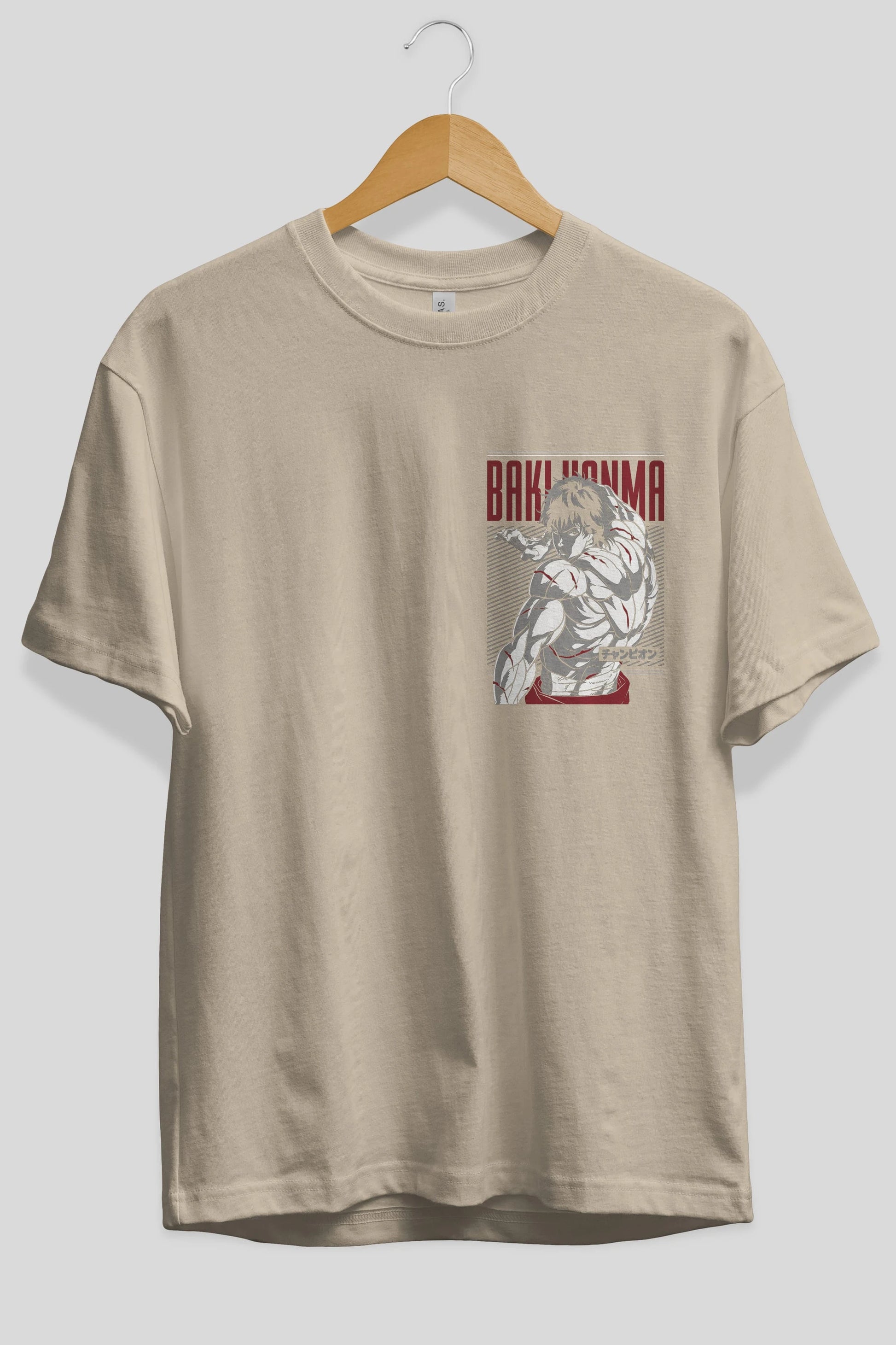 BAKI HANMA Ön Sol Baskılı Oversize t-shirt Erkek Kadın Unisex %100 Pamuk Bisiklet Yaka tişort