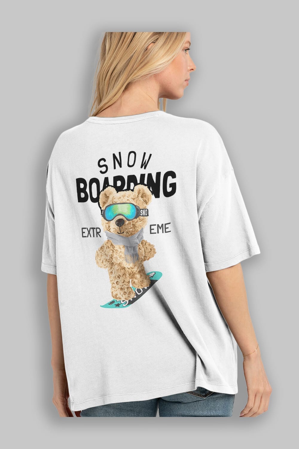 Teddy Bear Snow Boarding Arka Baskılı Oversize t-shirt Erkek Kadın Unisex %100 Pamuk