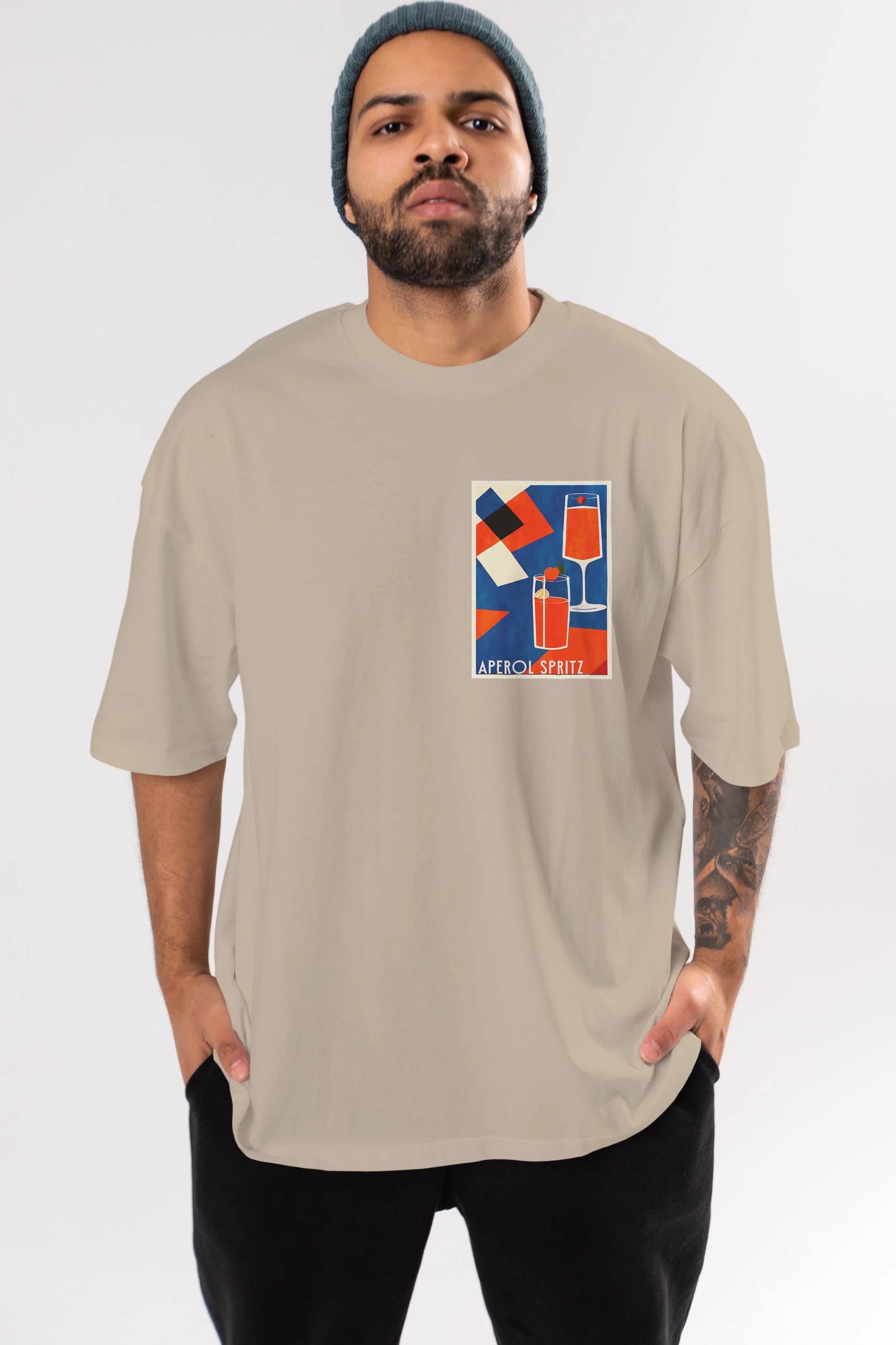Aperol Spritz 4 Ön Sol Baskılı Oversize t-shirt Erkek Kadın Unisex %100 Pamuk Bisiklet Yaka tişort