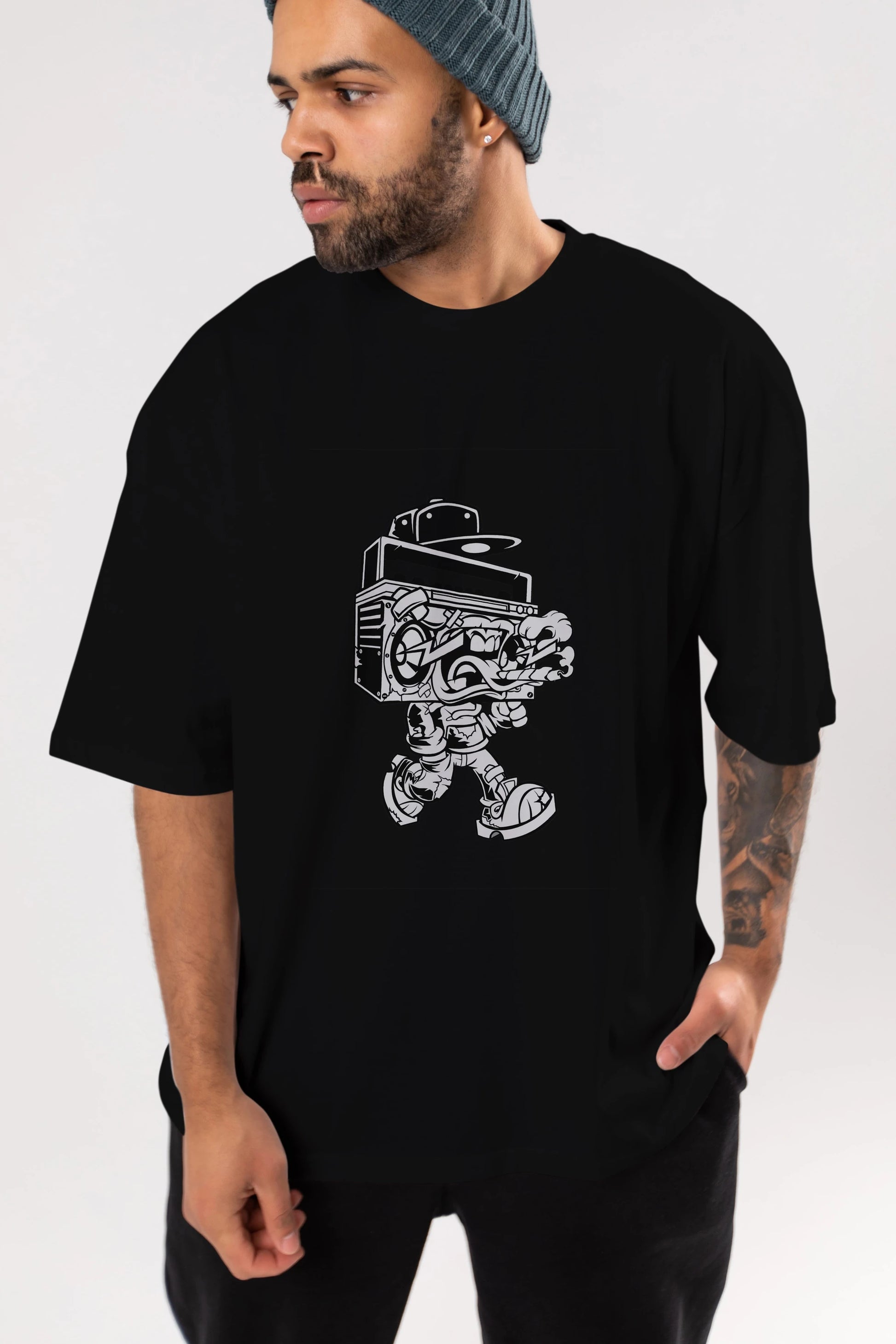 Boombox Ön Baskılı Oversize t-shirt Erkek Kadın Unisex %100 Pamuk tişort