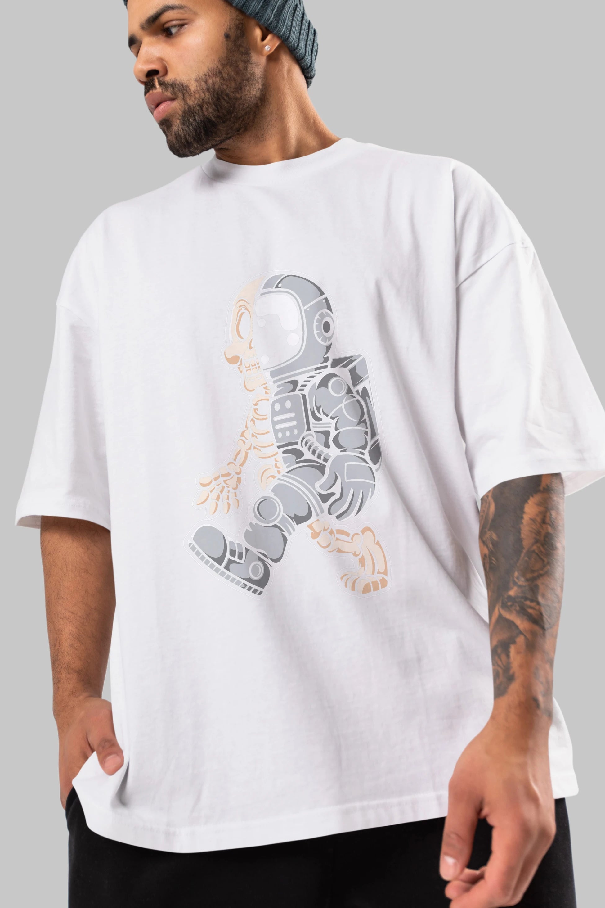 Astronaut Half Skull Ön Baskılı Oversize t-shirt Erkek Kadın Unisex