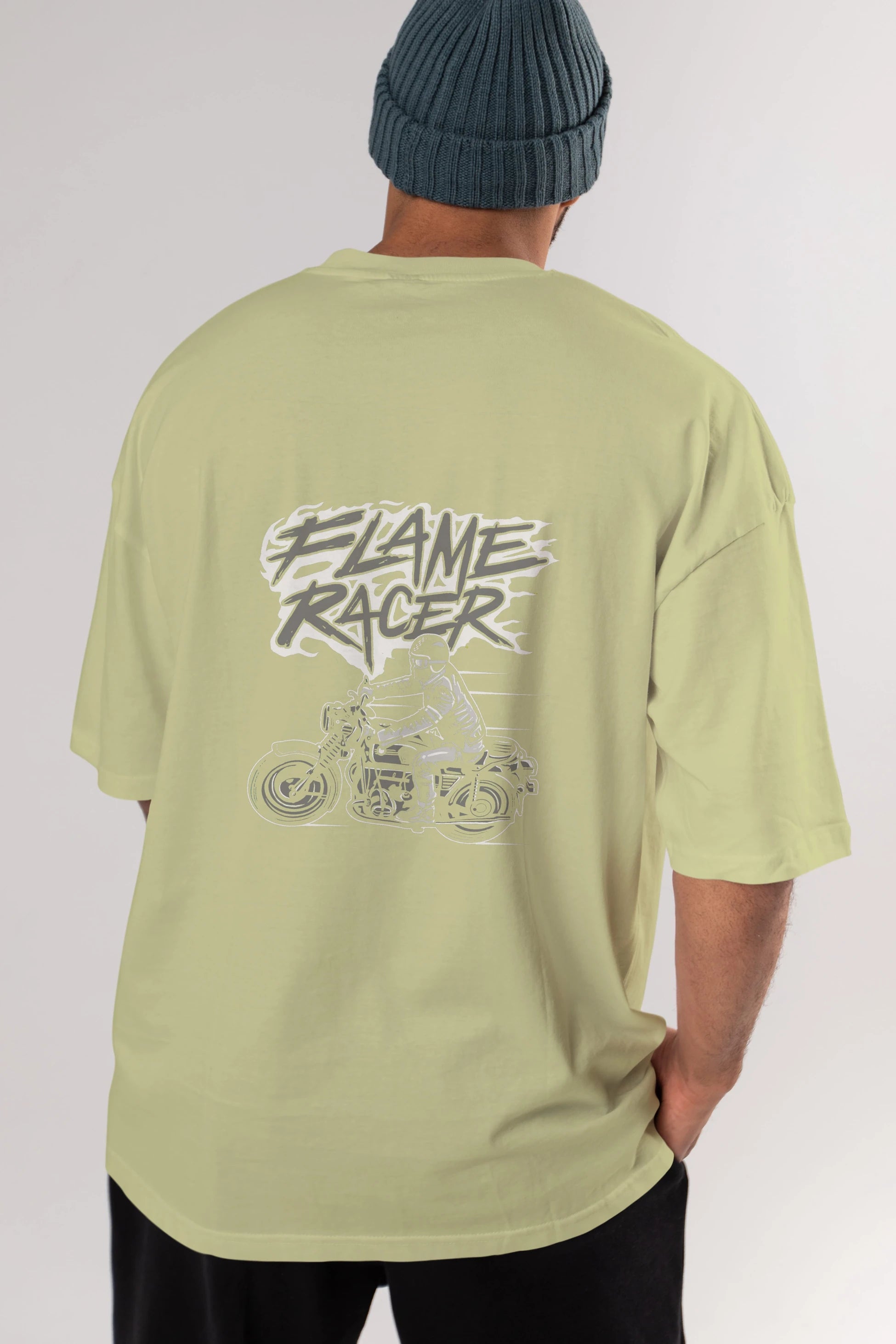 Flame Racer Arka Baskılı Oversize t-shirt Erkek Kadın Unisex %100 Pamuk
