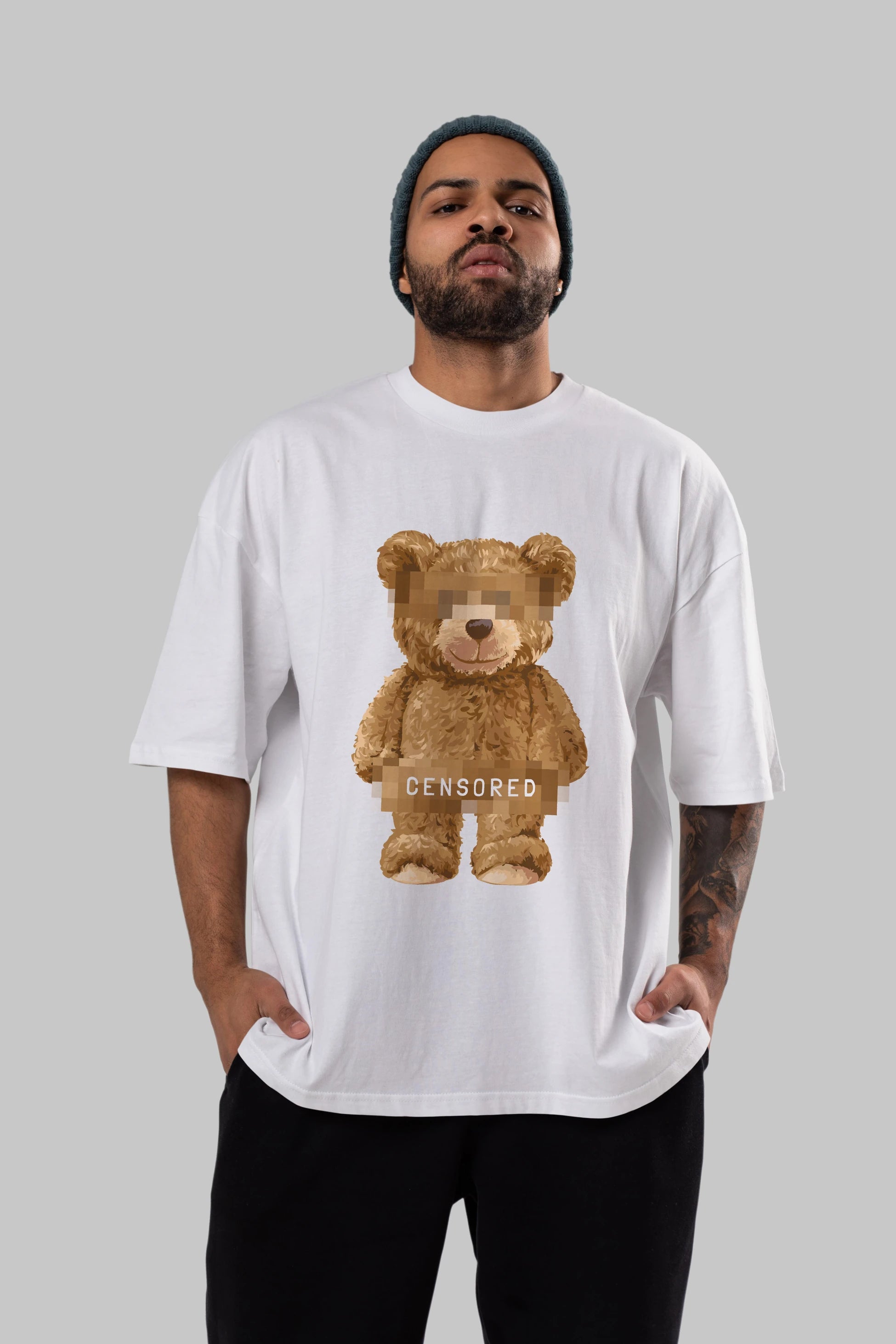 Teddy Bear Censored Ön Baskılı Oversize t-shirt Erkek Kadın Unisex %100 Pamuk