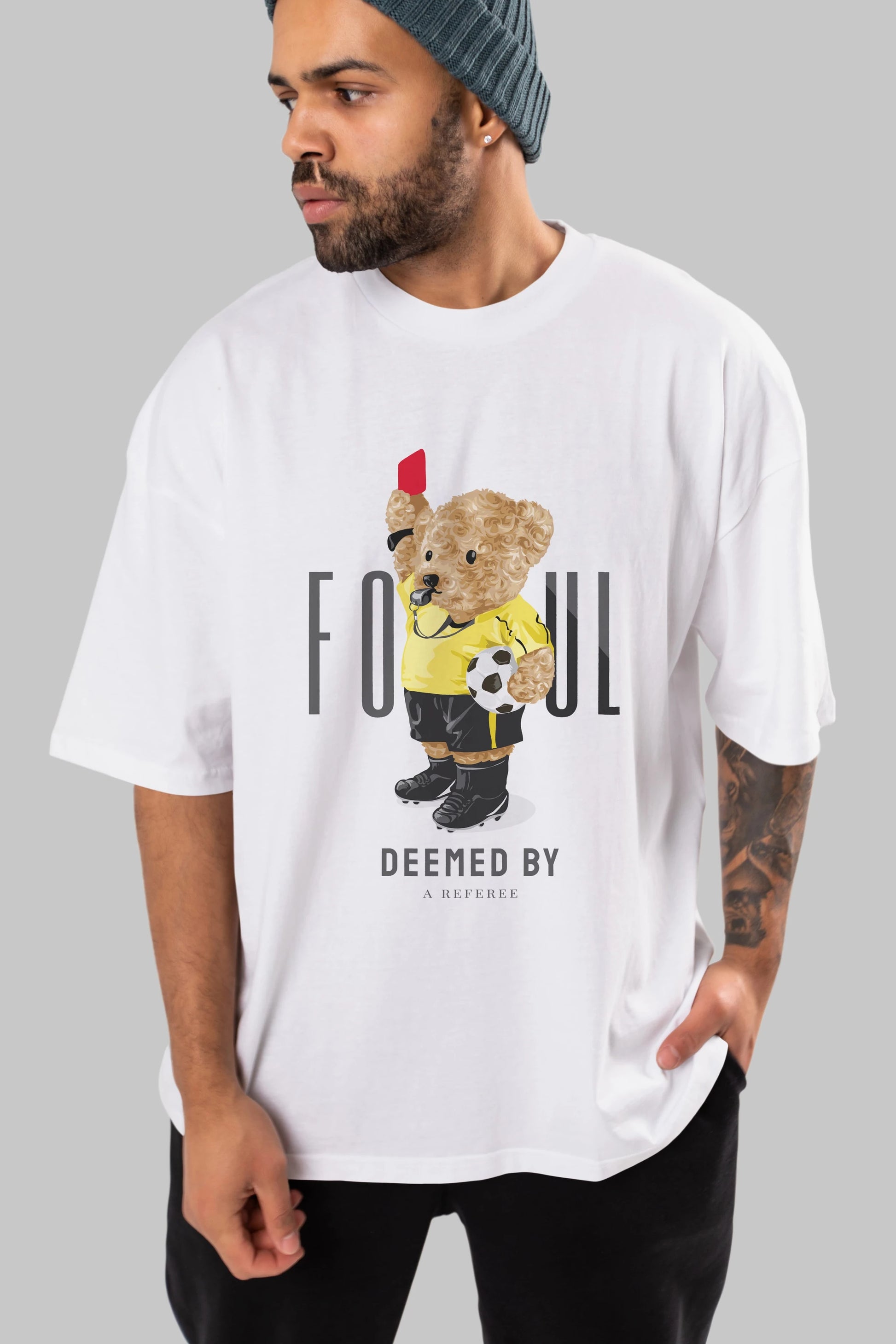 Teddy Bear Kırmızı Kart Ön Baskılı Oversize t-shirt Erkek Kadın Unisex %100 Pamuk