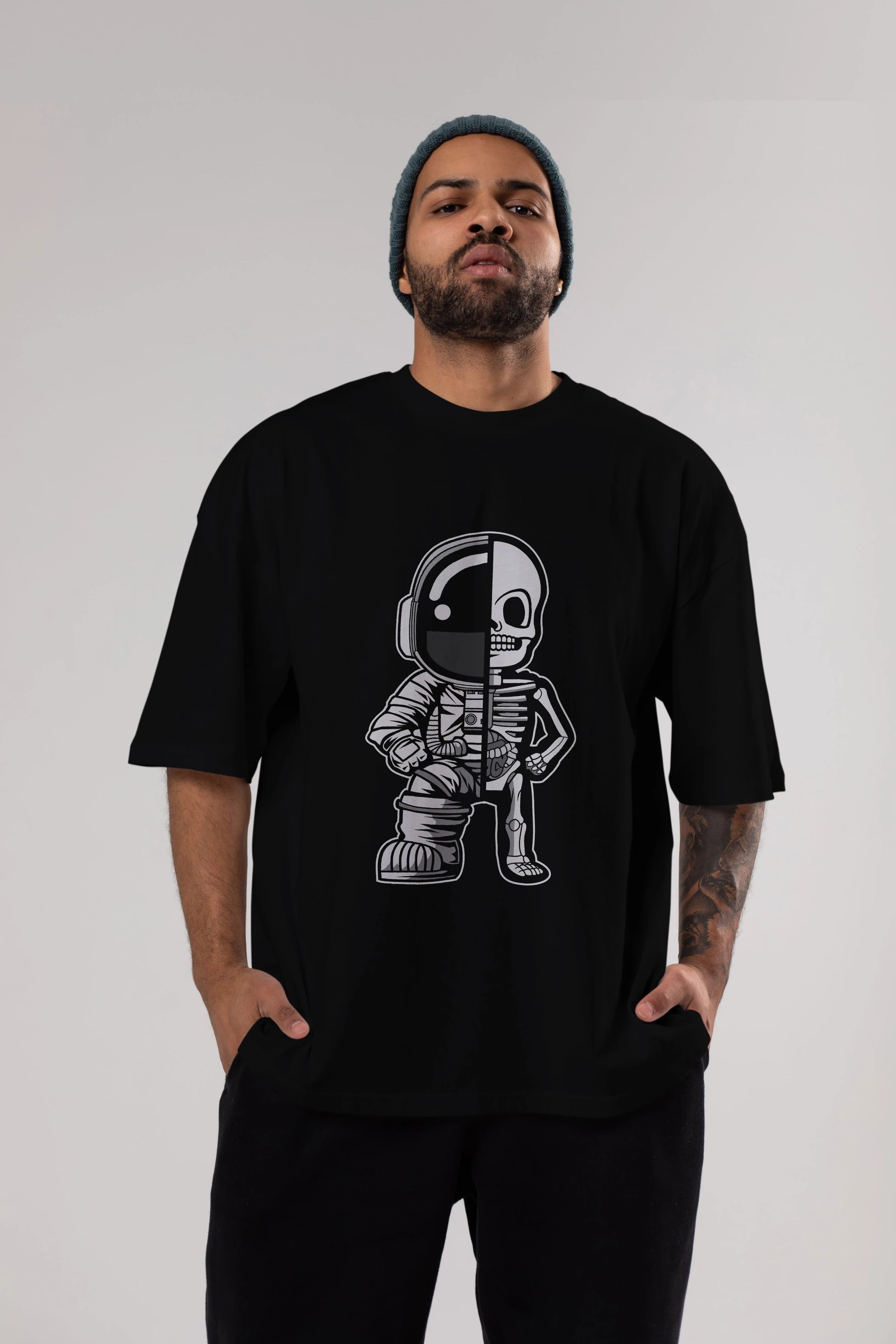 Astronaut Half Skeleton Ön Baskılı Oversize t-shirt Erkek Kadın Unisex