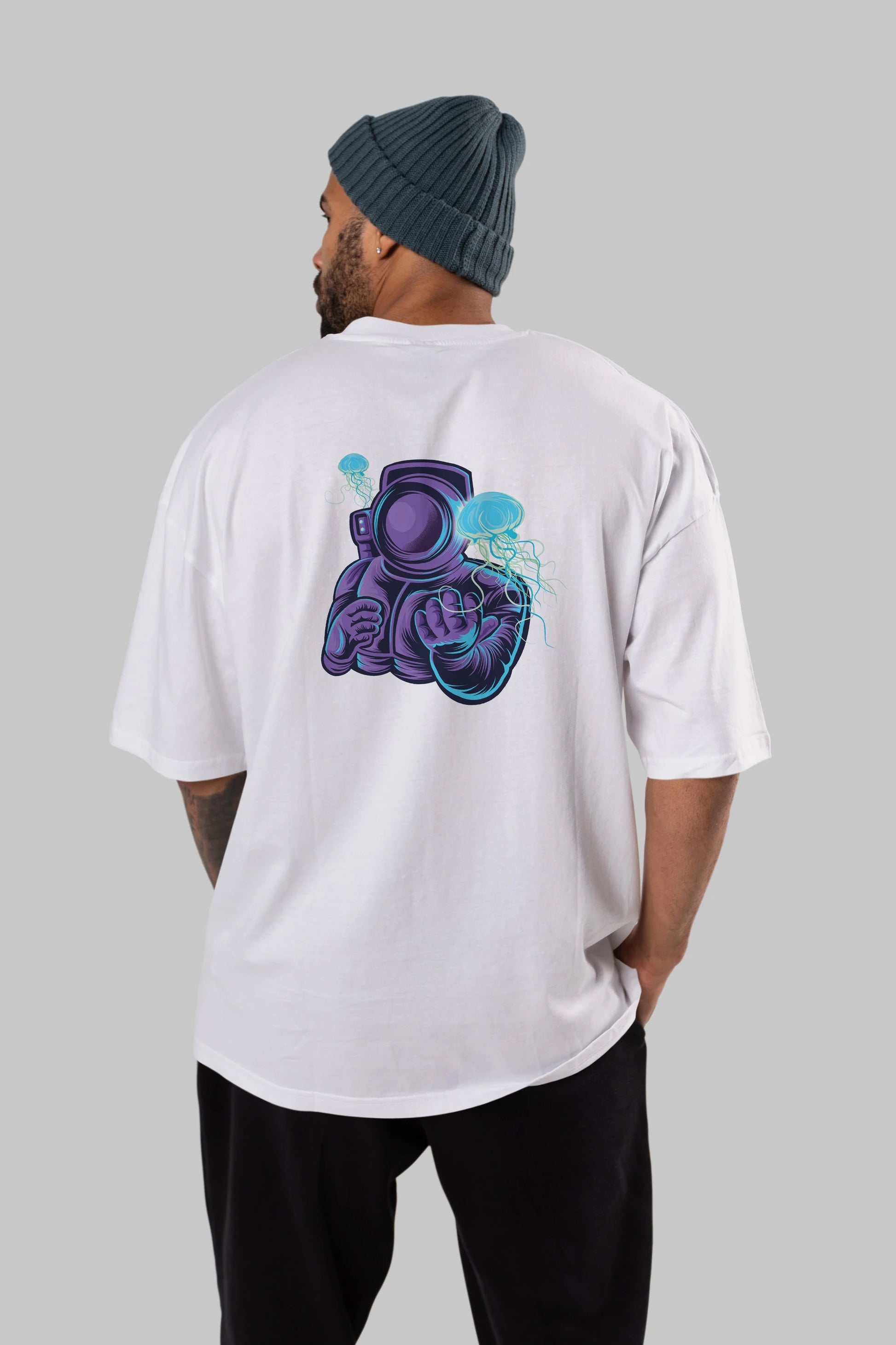 Astronaut and Jellyfish Arka Baskılı Oversize t-shirt Erkek Kadın Unisex