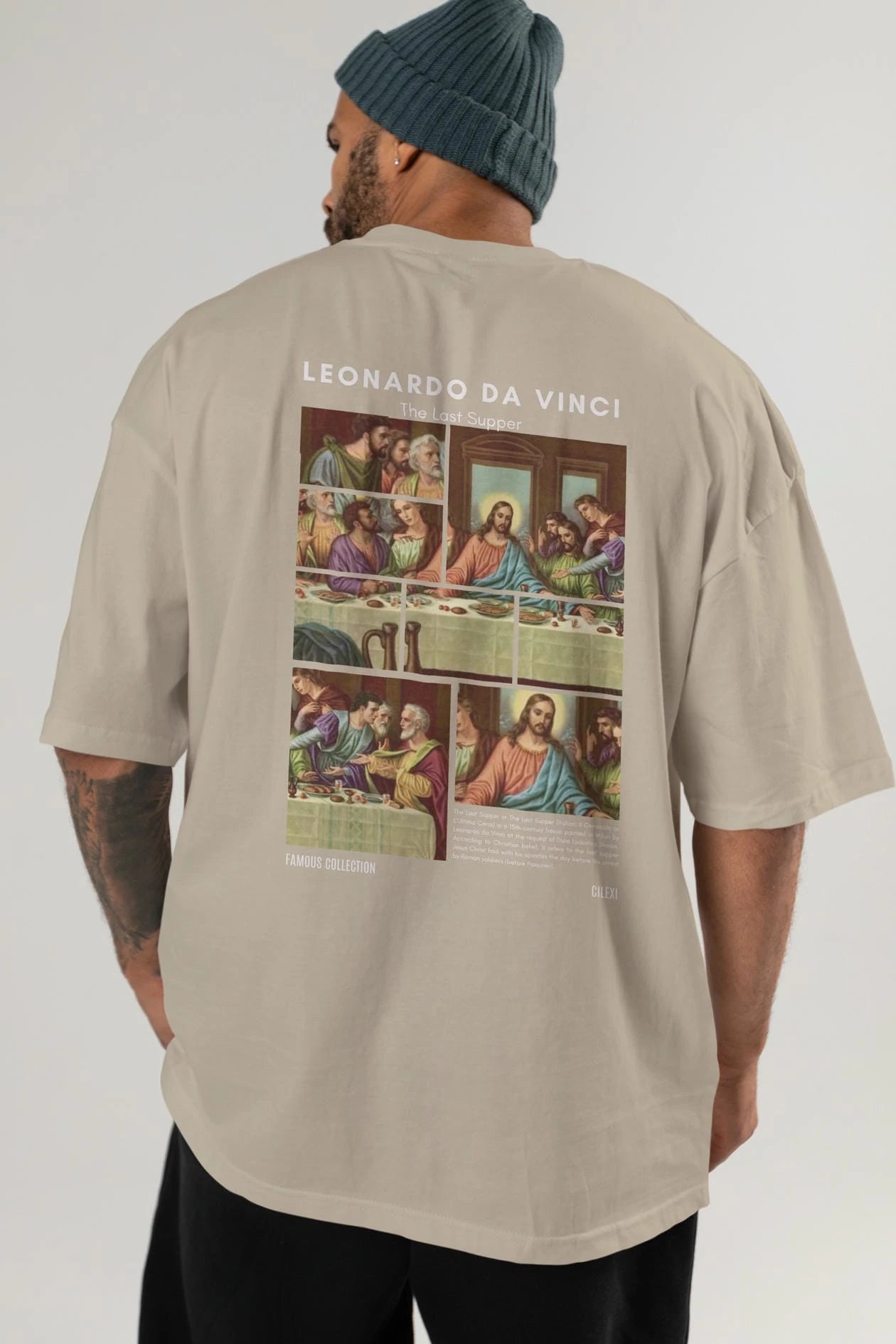 Leonardo Da Vinci Arka Baskılı Oversize t-shirt Erkek Kadın Bisiklet Yaka Pamuk tişort
