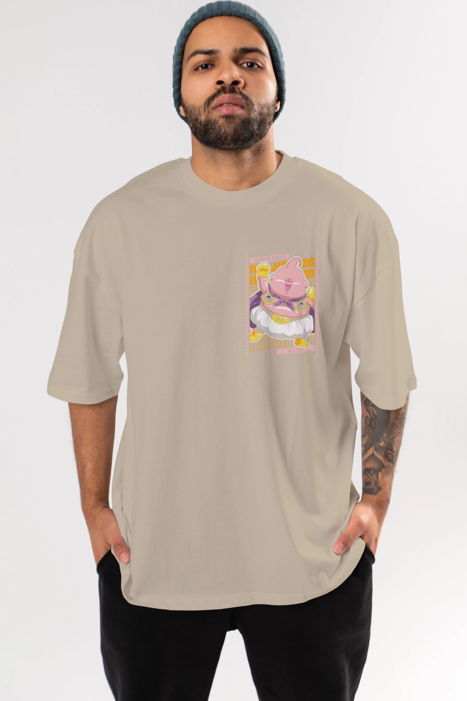 MAJIN BOO1 Ön Sol Baskılı Oversize t-shirt Erkek Kadın Unisex %100 Pamuk Bisiklet Yaka tişort