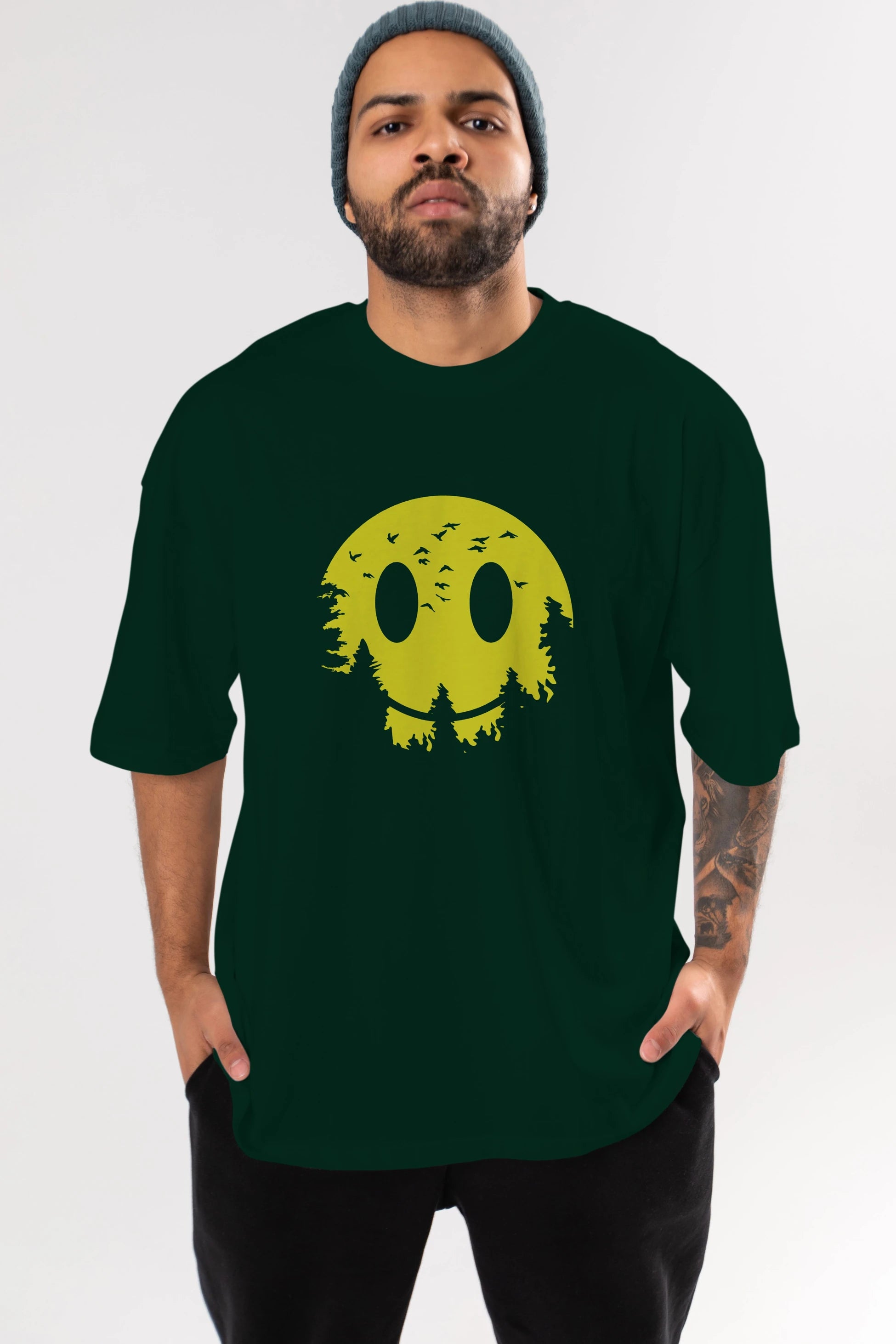 Smiley Moon Ön Baskılı Oversize t-shirt %100 pamuk Erkek Kadın Unisex