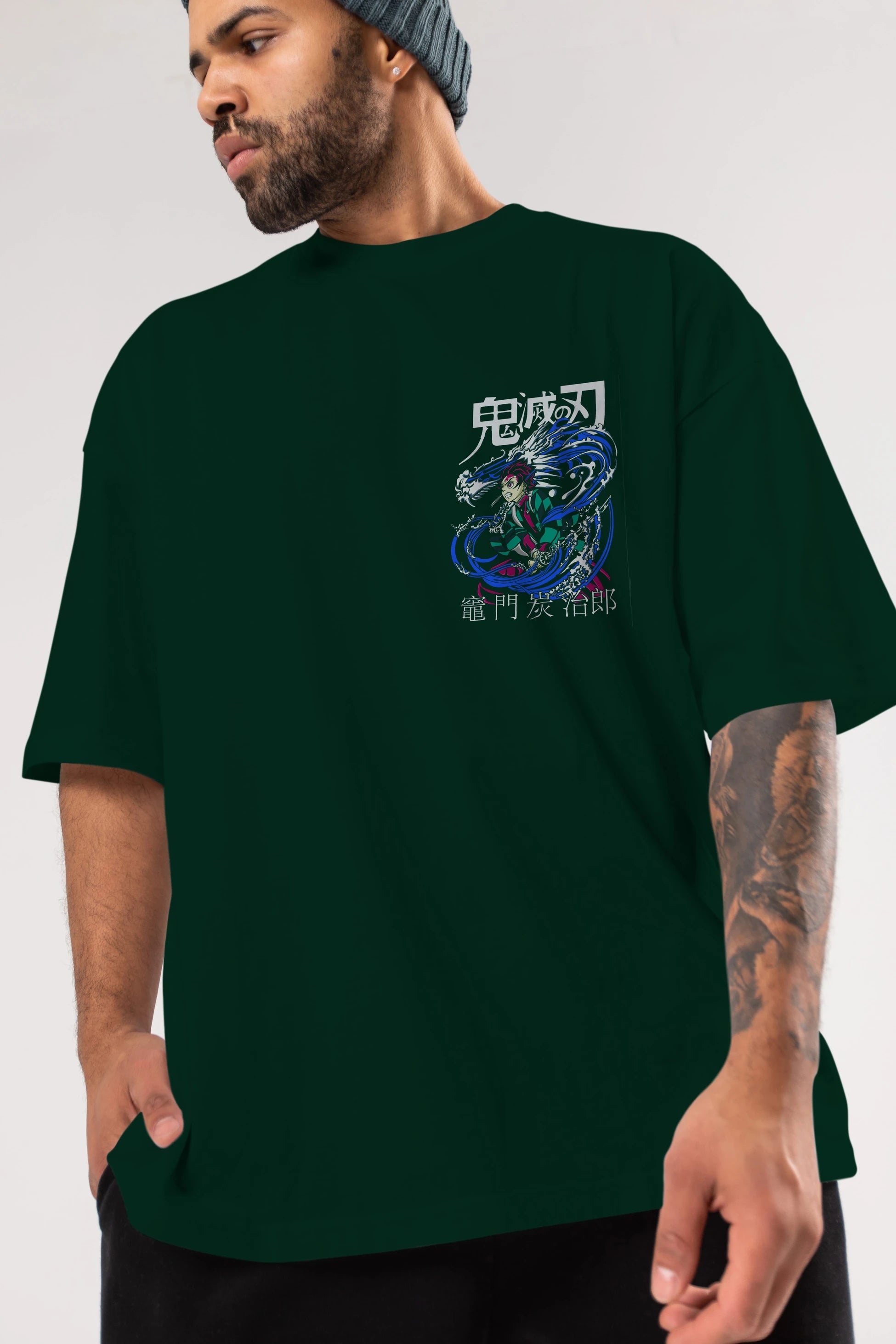 TANJIRO KAMADO 2 Ön Sol Baskılı Oversize t-shirt Erkek Kadın Unisex %100 Pamuk Bisiklet Yaka tişort