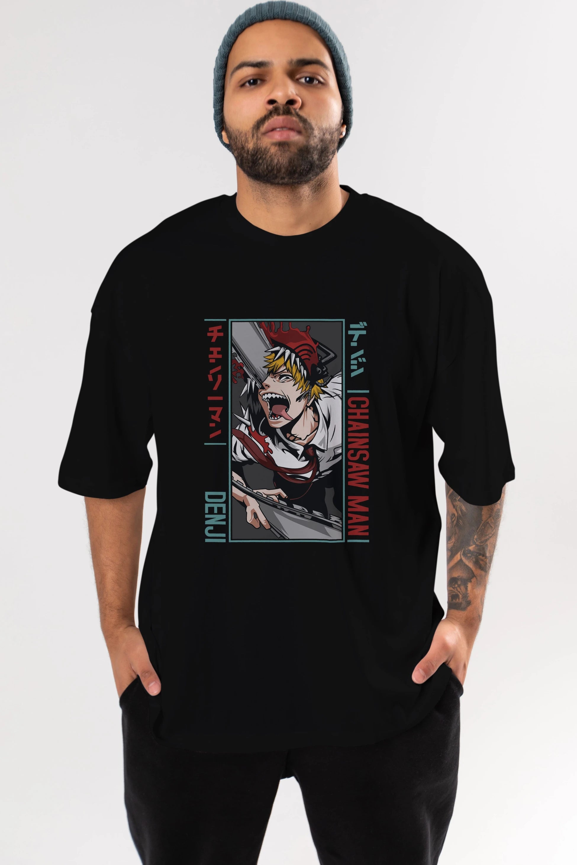 Denji Chainsaw Man Anime Ön Baskılı Oversize t-shirt %100 pamuk Erkek Kadın Unisex