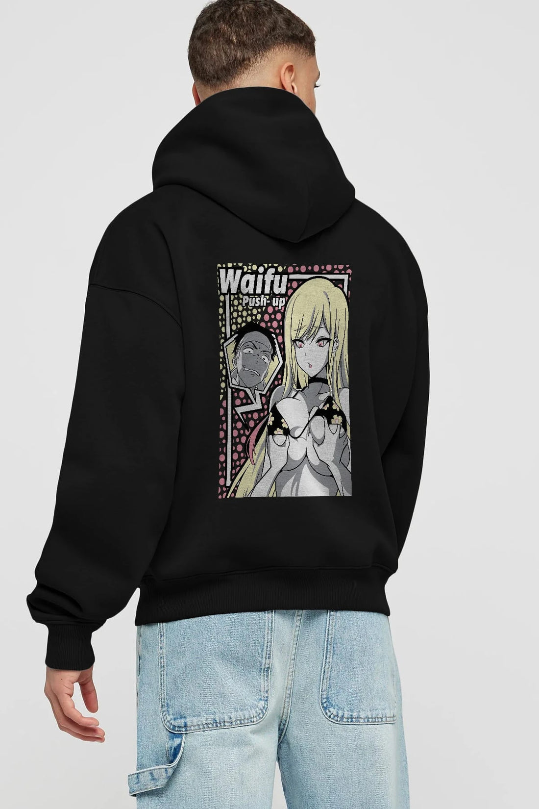 Waifu PushUp Anime Arka Baskılı Hoodie Oversize Kapüşonlu Sweatshirt Erkek Kadın Unisex
