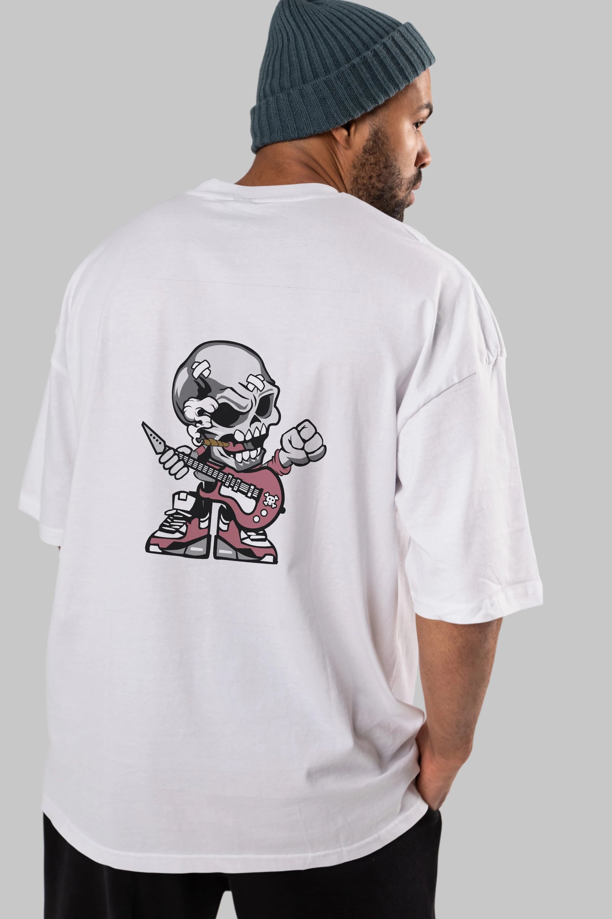 Skull Rockstar Arka Baskılı Oversize t-shirt Erkek Kadın Unisex %100 Pamuk tişort