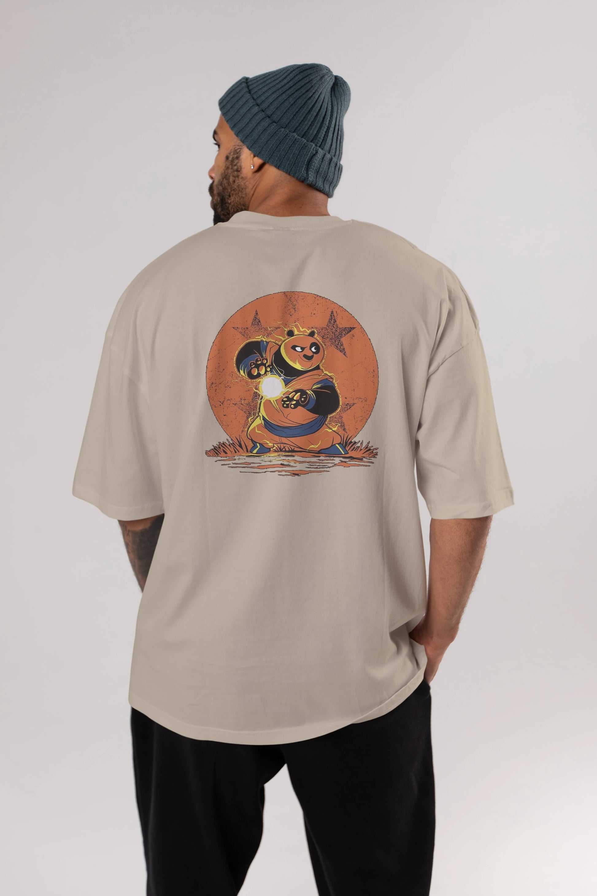 Kung Fu Panda Arka Baskılı Oversize t-shirt Erkek Kadın Unisex %100 Pamuk Bisiklet Yaka tişort