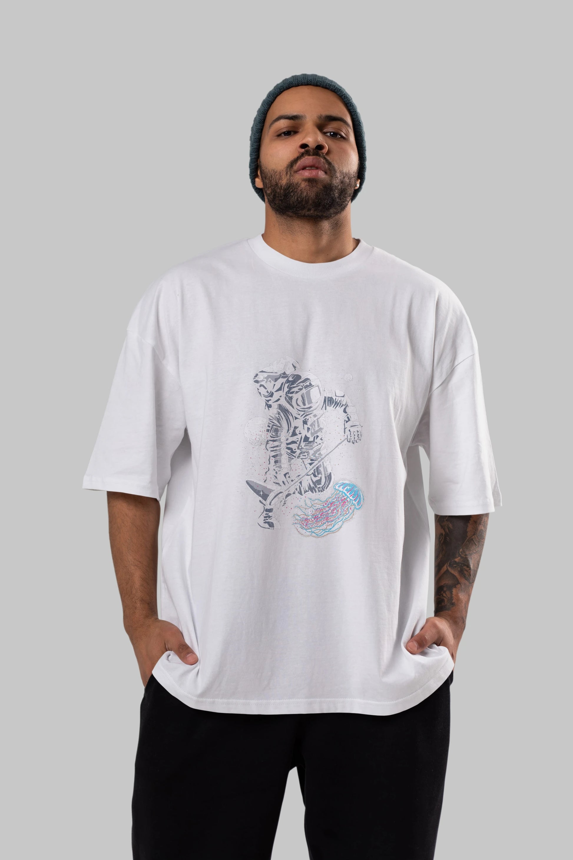 Astronaut Jellyfish Ön Baskılı Oversize t-shirt Erkek Kadın Unisex %100 Pamuk tişort
