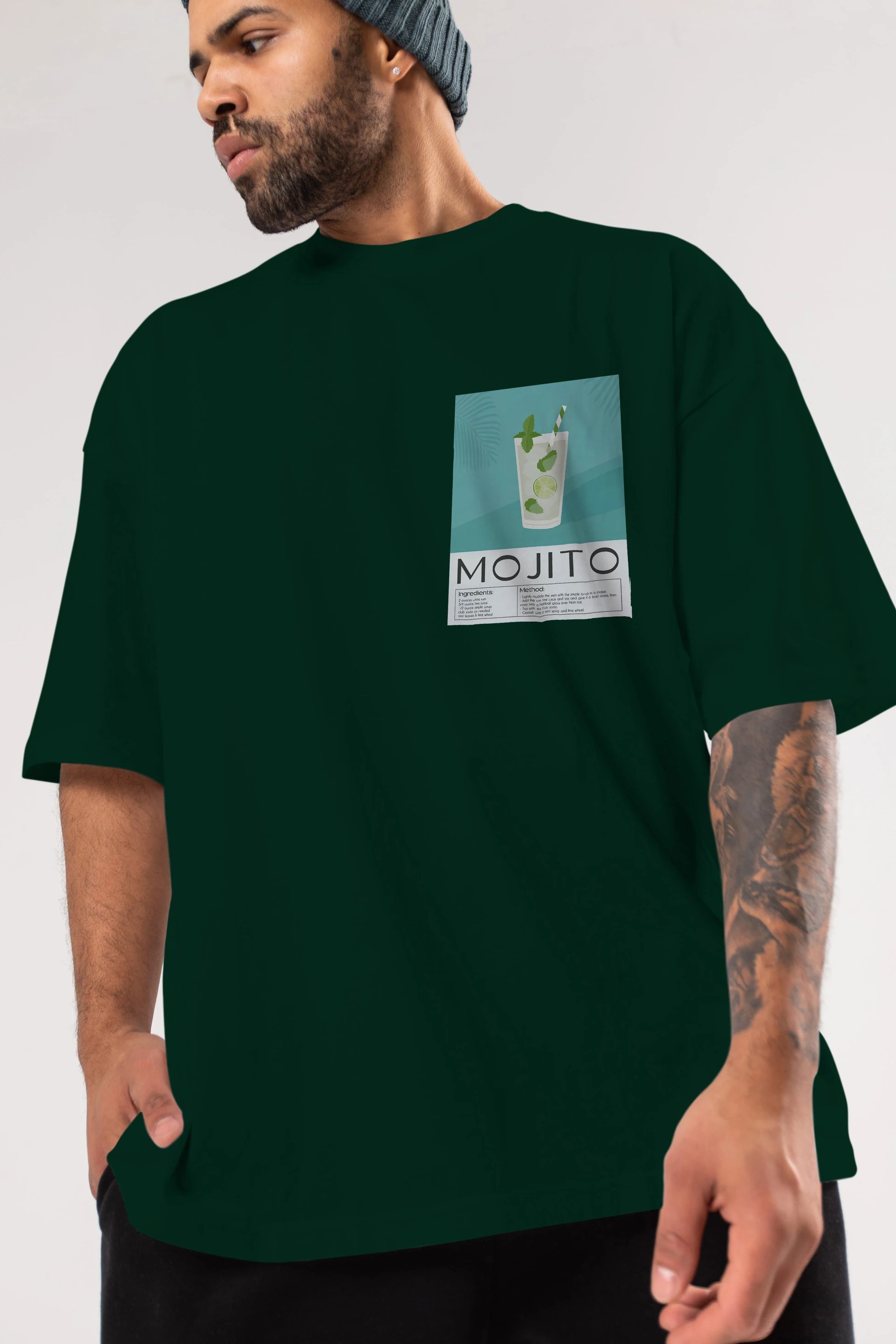Mojito 4 Ön Sol Baskılı Oversize t-shirt Erkek Kadın Unisex %100 Pamuk Bisiklet Yaka tişort