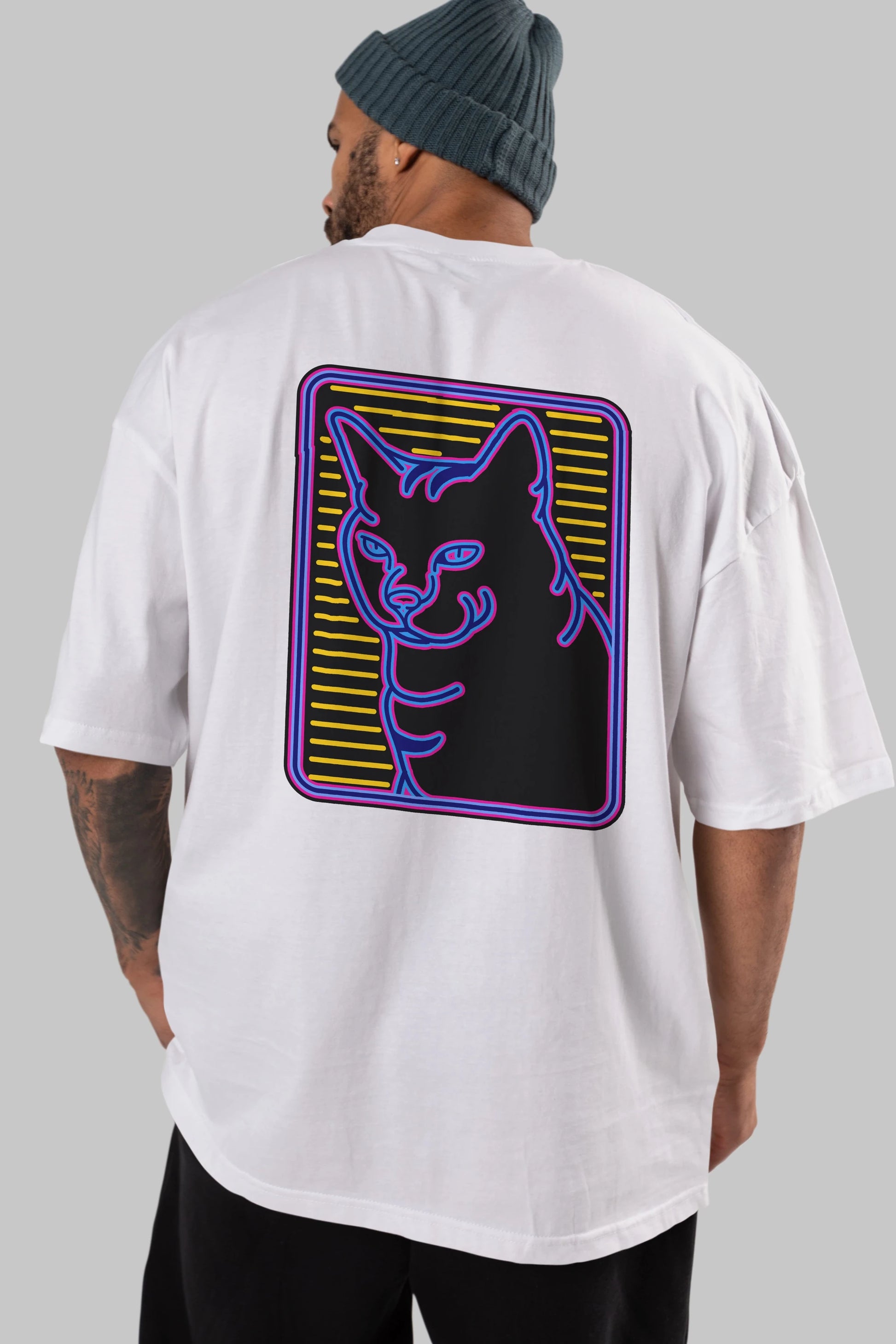 Neon Cat Arka Baskılı Oversize t-shirt Erkek Kadın Unisex