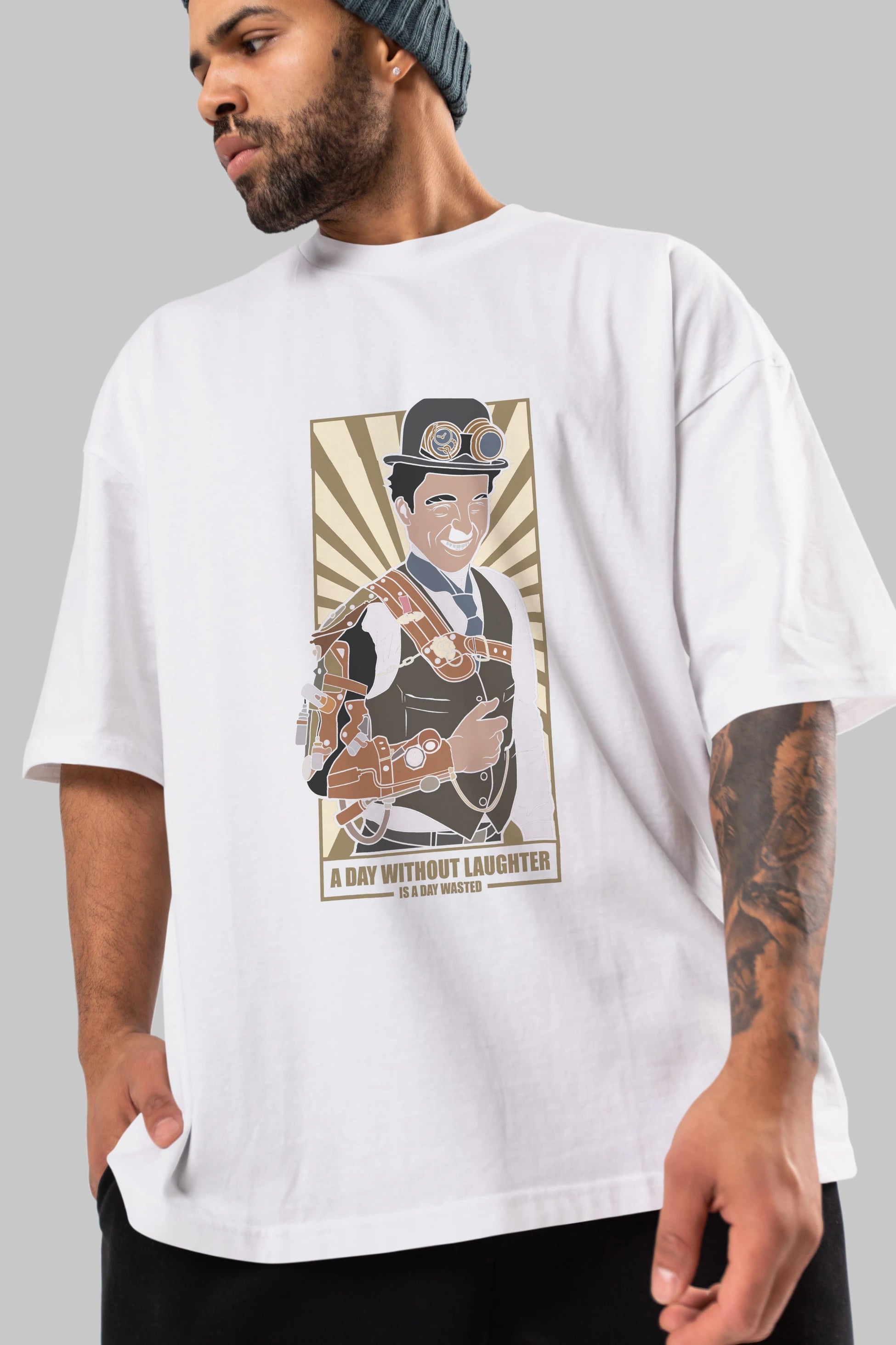 Steampunk Chaplin Ön Baskılı Oversize t-shirt Erkek Kadın Unisex %100 Pamuk tişort