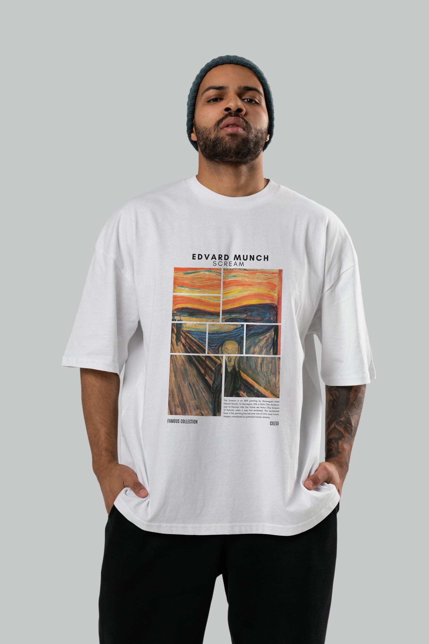 Edvard Munch Scream ön Baskılı Oversize t-shirt Erkek Kadın Bisiklet Yaka Pamuk tişort