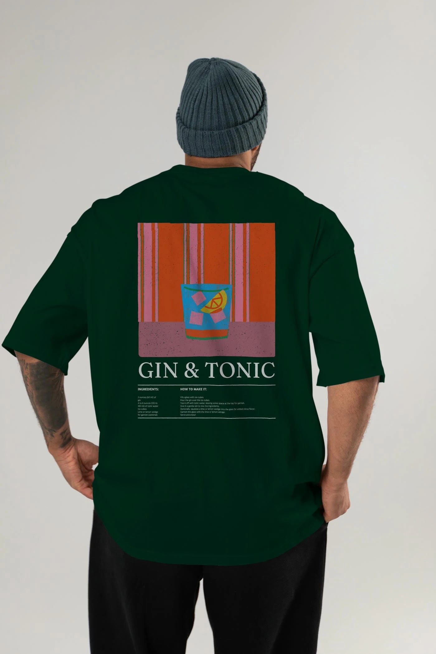 Gin Tonic Kokteyl Serisi Arka Baskılı Oversize t-shirt Erkek Kadın %100 Pamuk Bisiklet Yaka tişort