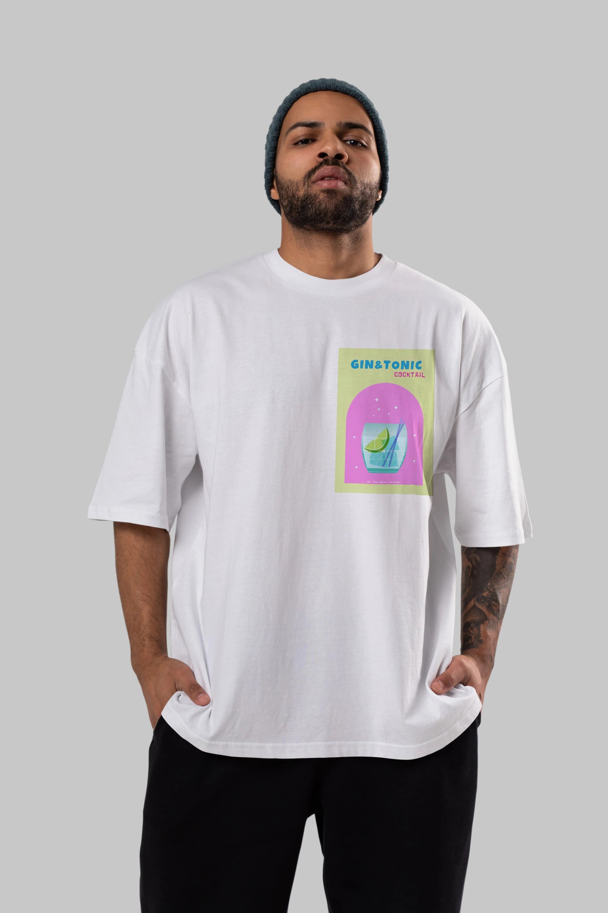 Gin Tonic Cocktail Ön Sol Baskılı Oversize t-shirt Erkek Kadın Unisex %100 Pamuk Bisiklet Yaka tişort