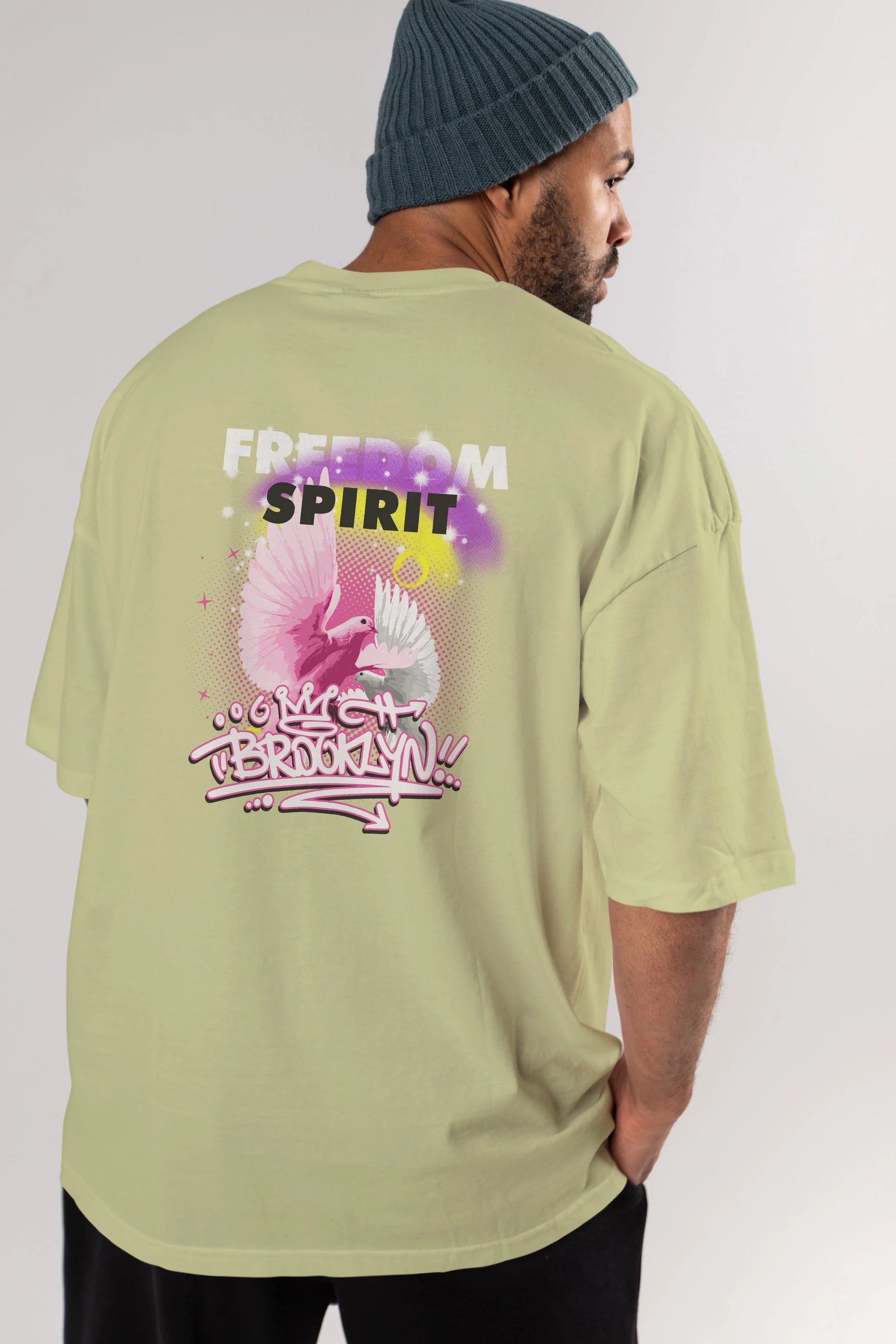Freedom Spirit Brooklyn Arka Baskılı Oversize t-shirt Erkek Kadın Unisex