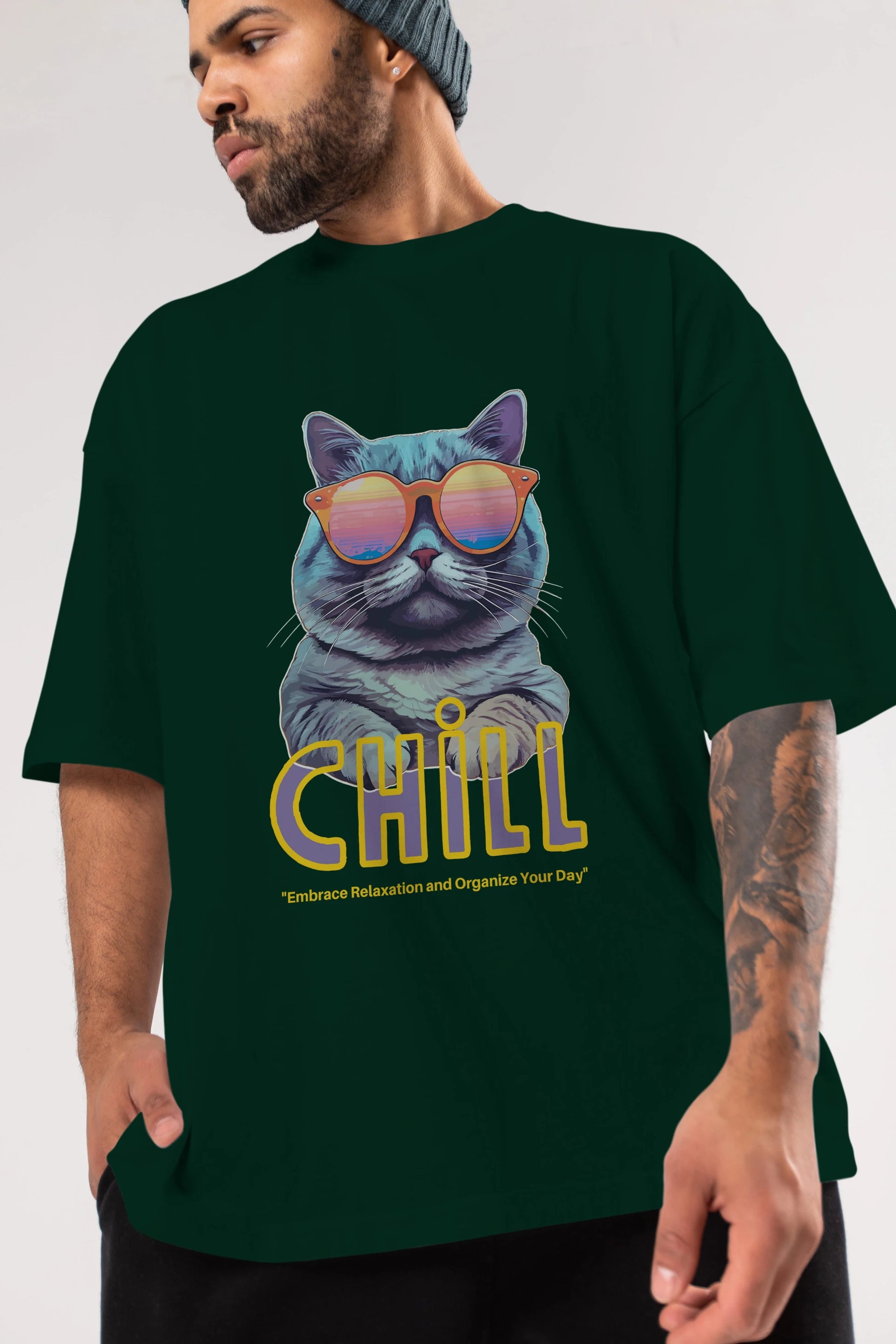Chill Cat Ön Baskılı Oversize t-shirt Erkek Kadın Unisex