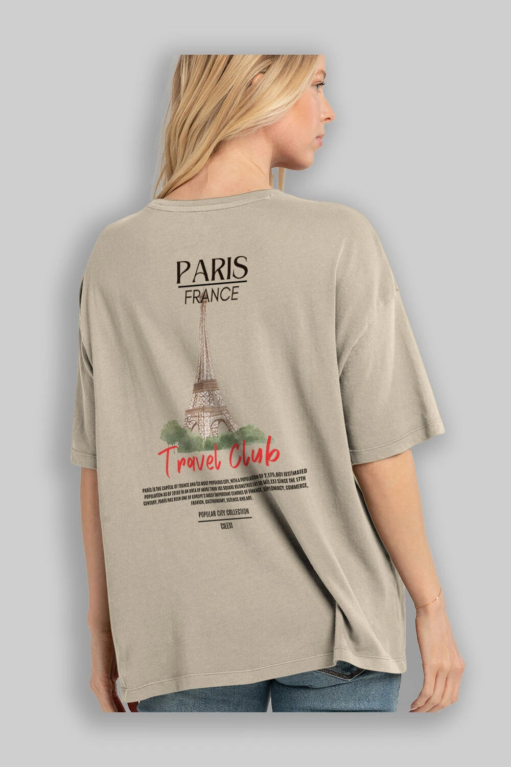 Paris France Arka Baskılı Oversize t-shirt Erkek Kadın Pamuk Bisiklet Yaka tişort