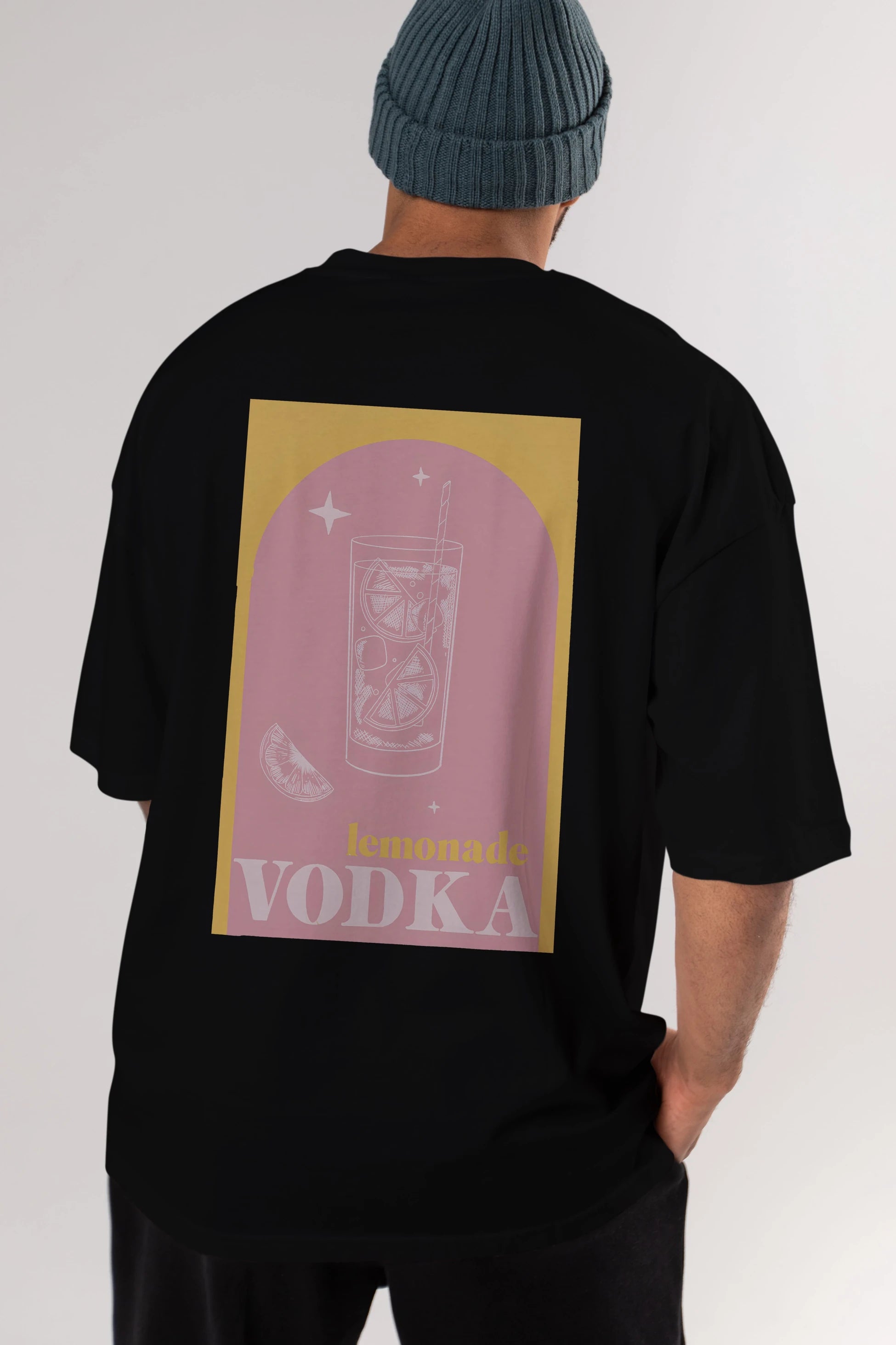 Vodka Limon Arka Baskılı Oversize t-shirt Erkek Kadın Unisex %100 Pamuk Bisiklet Yaka tişort