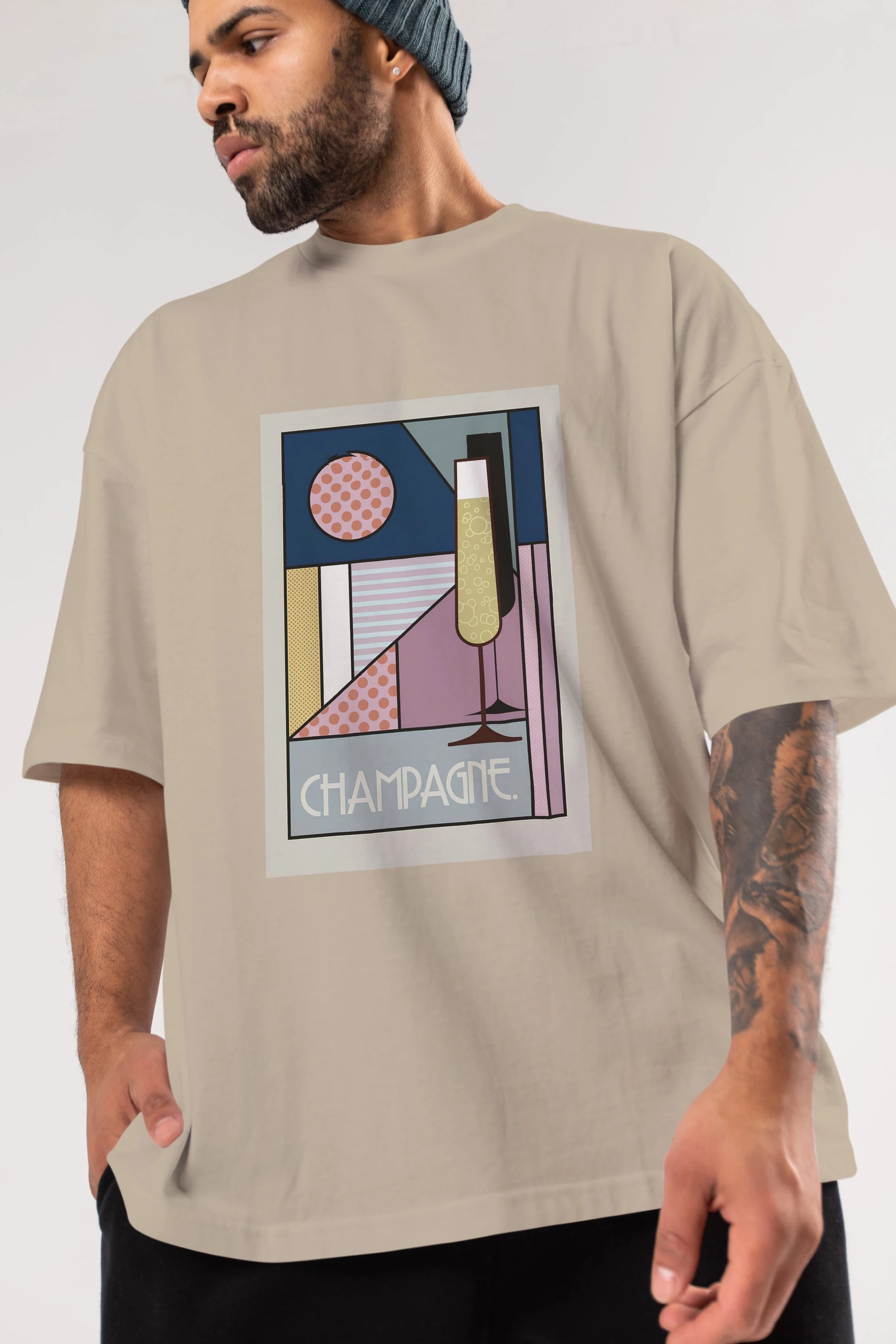 Champagne Ön Baskılı Oversize t-shirt Erkek Kadın Unisex %100 Pamuk Bisiklet Yaka tişort
