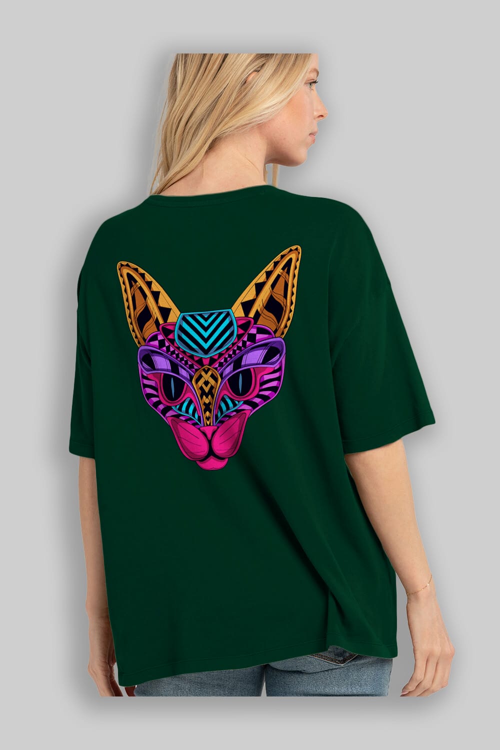 Black Neon Cat Arka Baskılı Oversize t-shirt Erkek Kadın Unisex