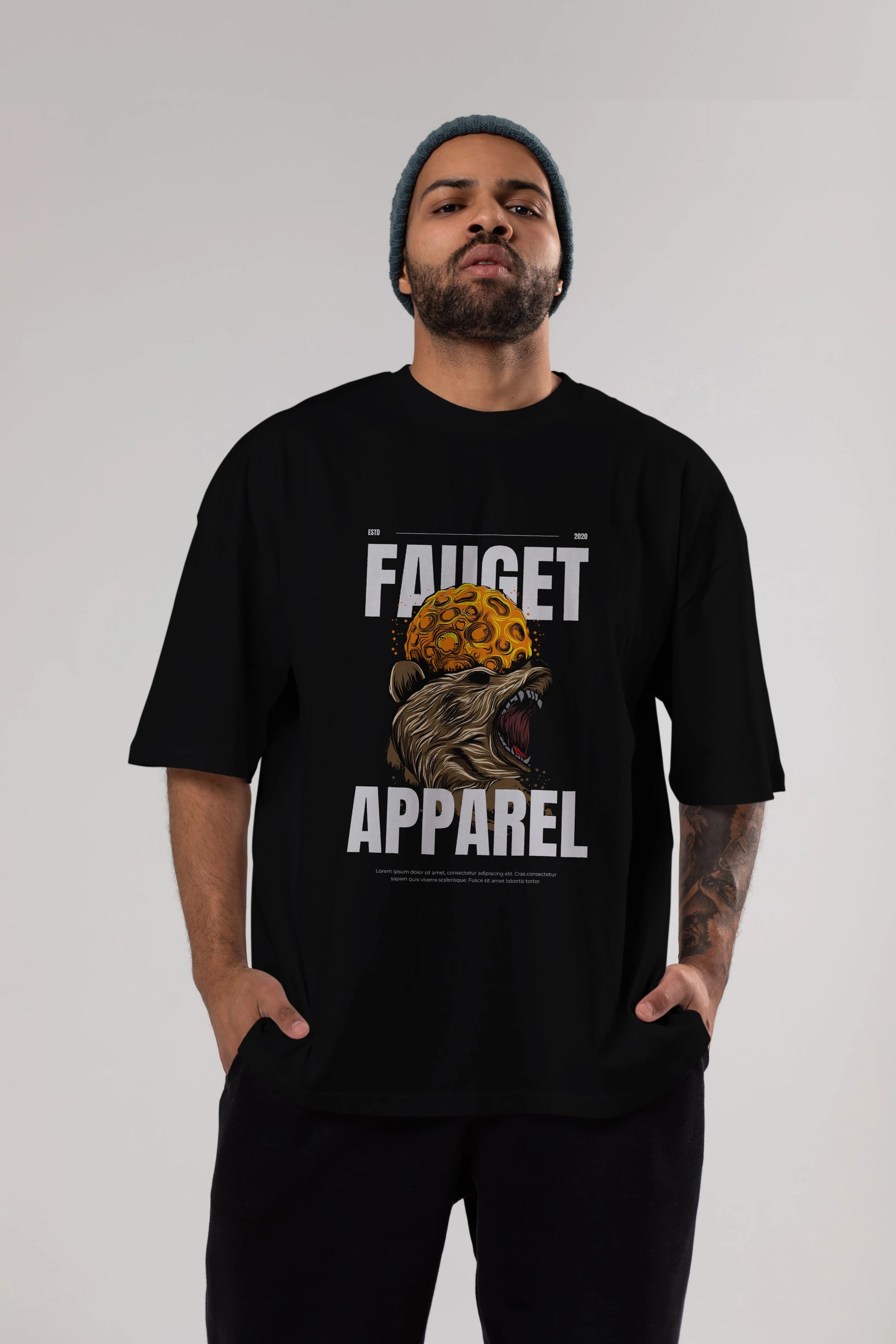 Bear Angry Fauget Apparel Ön Baskılı Oversize t-shirt Erkek Kadın Unisex