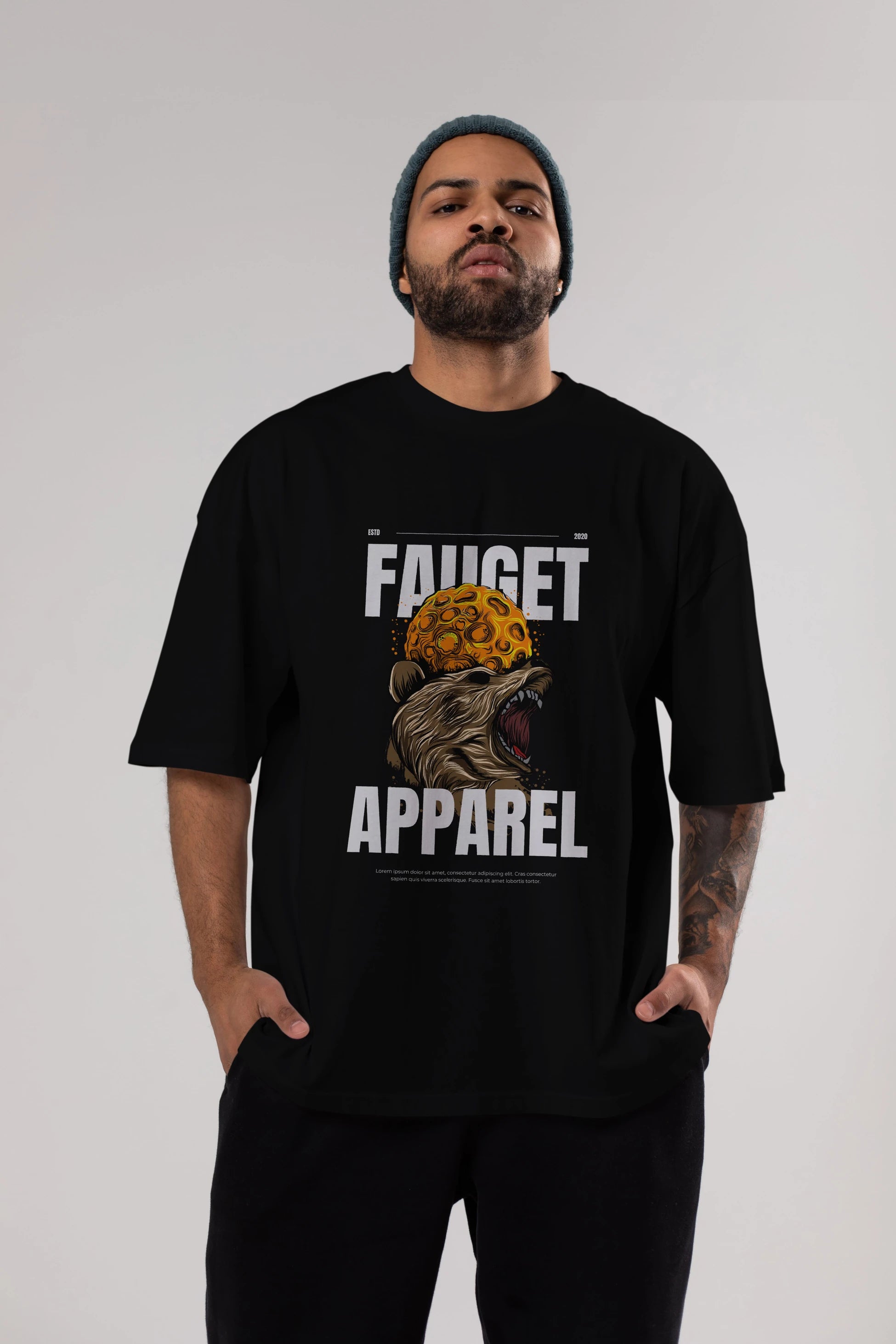 Bear Angry Fauget Apparel Ön Baskılı Oversize t-shirt Erkek Kadın Unisex