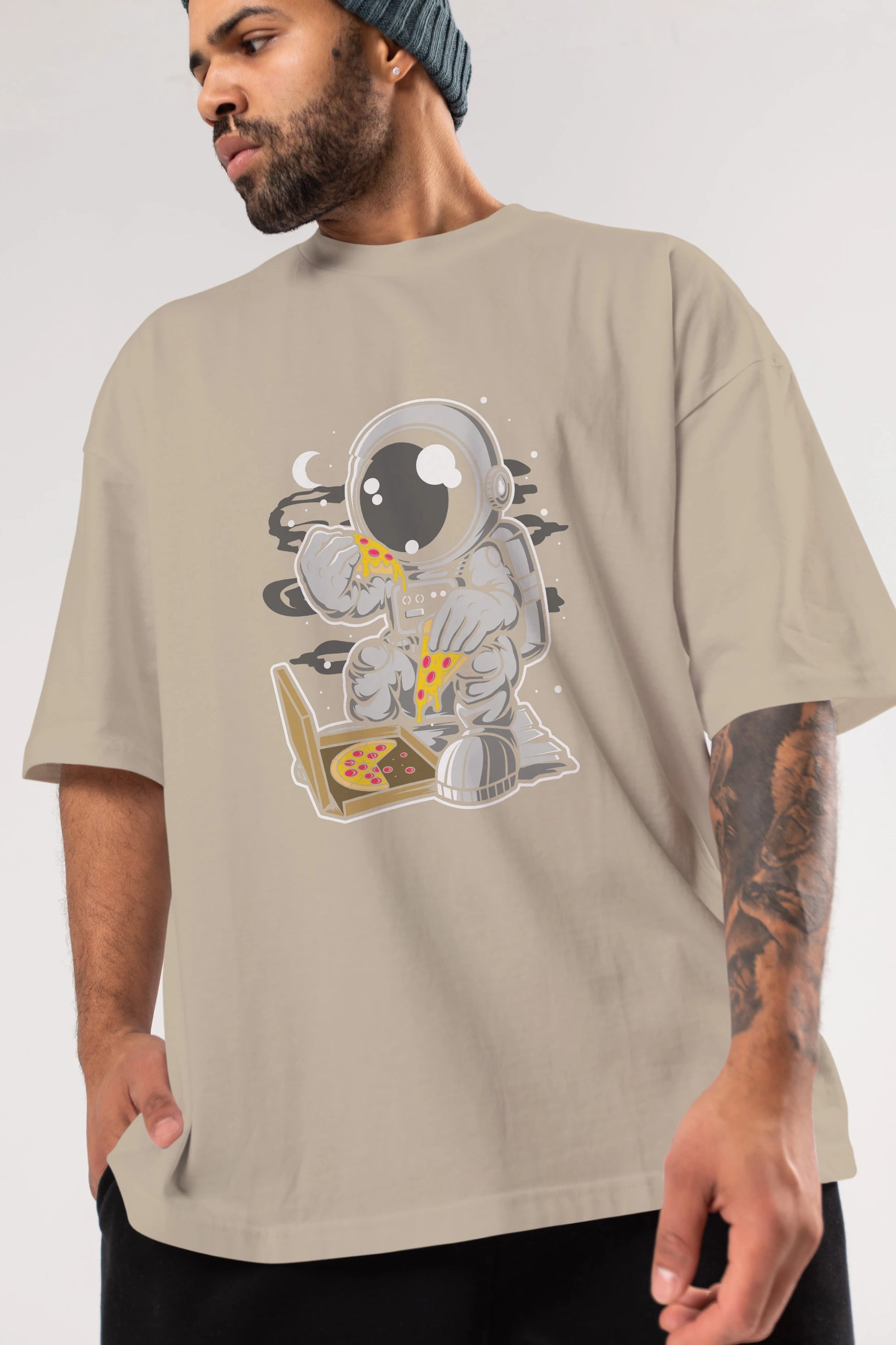 Astronaut Pizza Ön Baskılı Oversize t-shirt Erkek Kadın Unisex