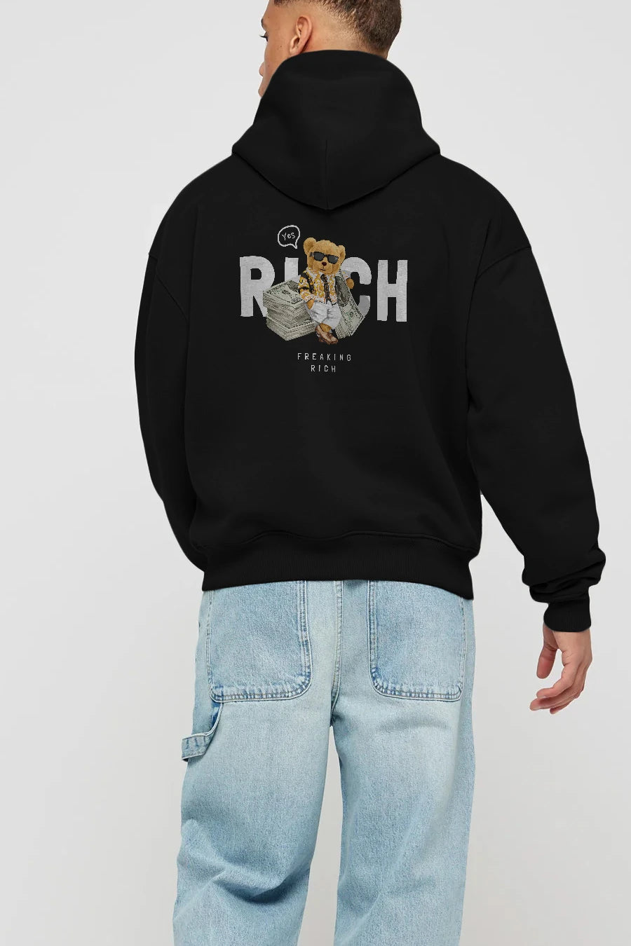 Teddy Bear Freakıng Rich Arka Baskılı Hoodie Oversize Kapüşonlu Sweatshirt Erkek Kadın Unisex