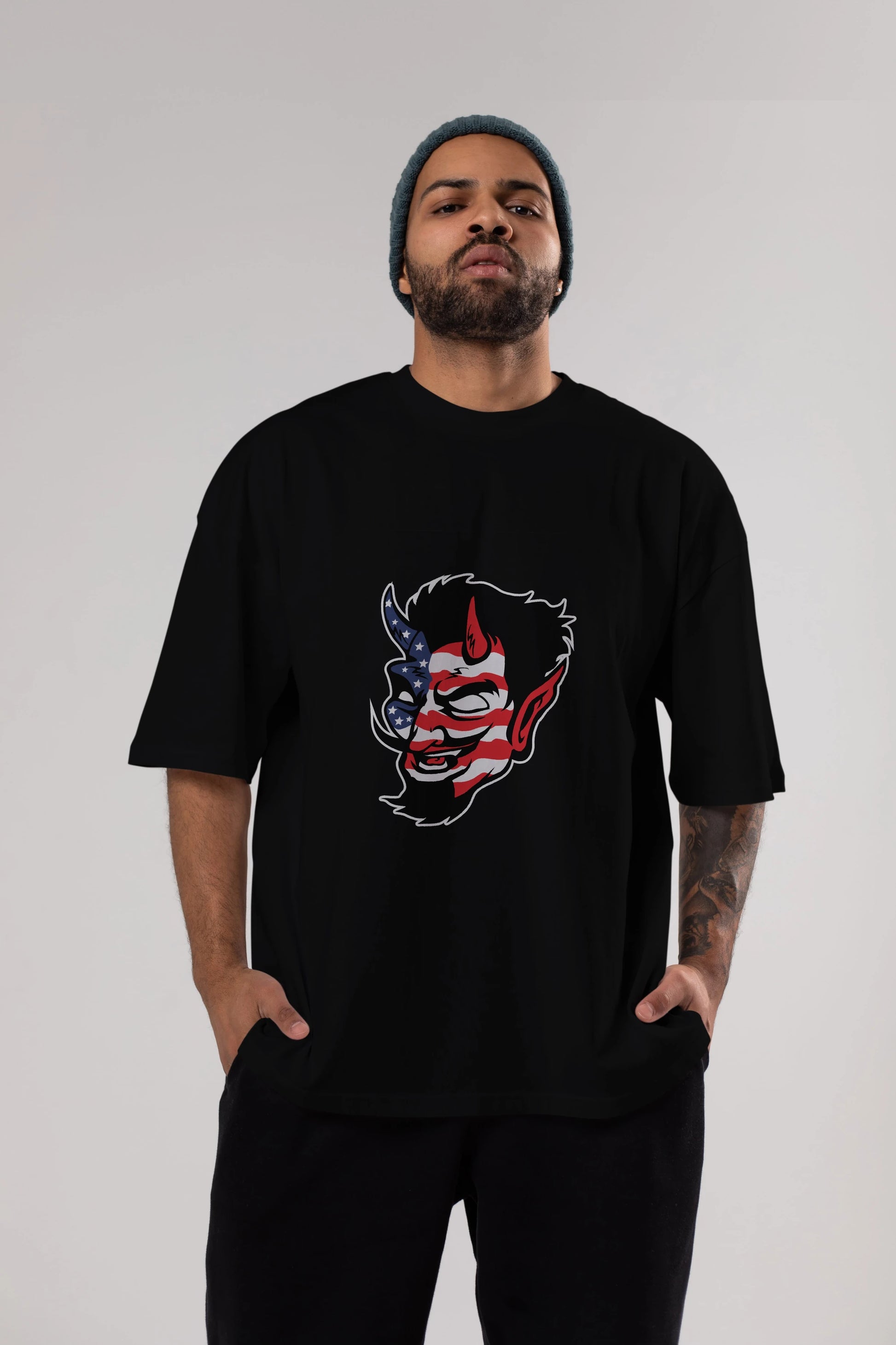 American Devil Ön Baskılı Oversize t-shirt Erkek Kadın Unisex %100 Pamuk tişort