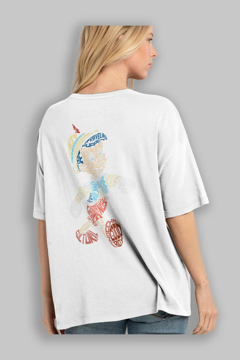 Pinokio Arka Baskılı Oversize t-shirt %100 pamuk Erkek Kadın Unisex