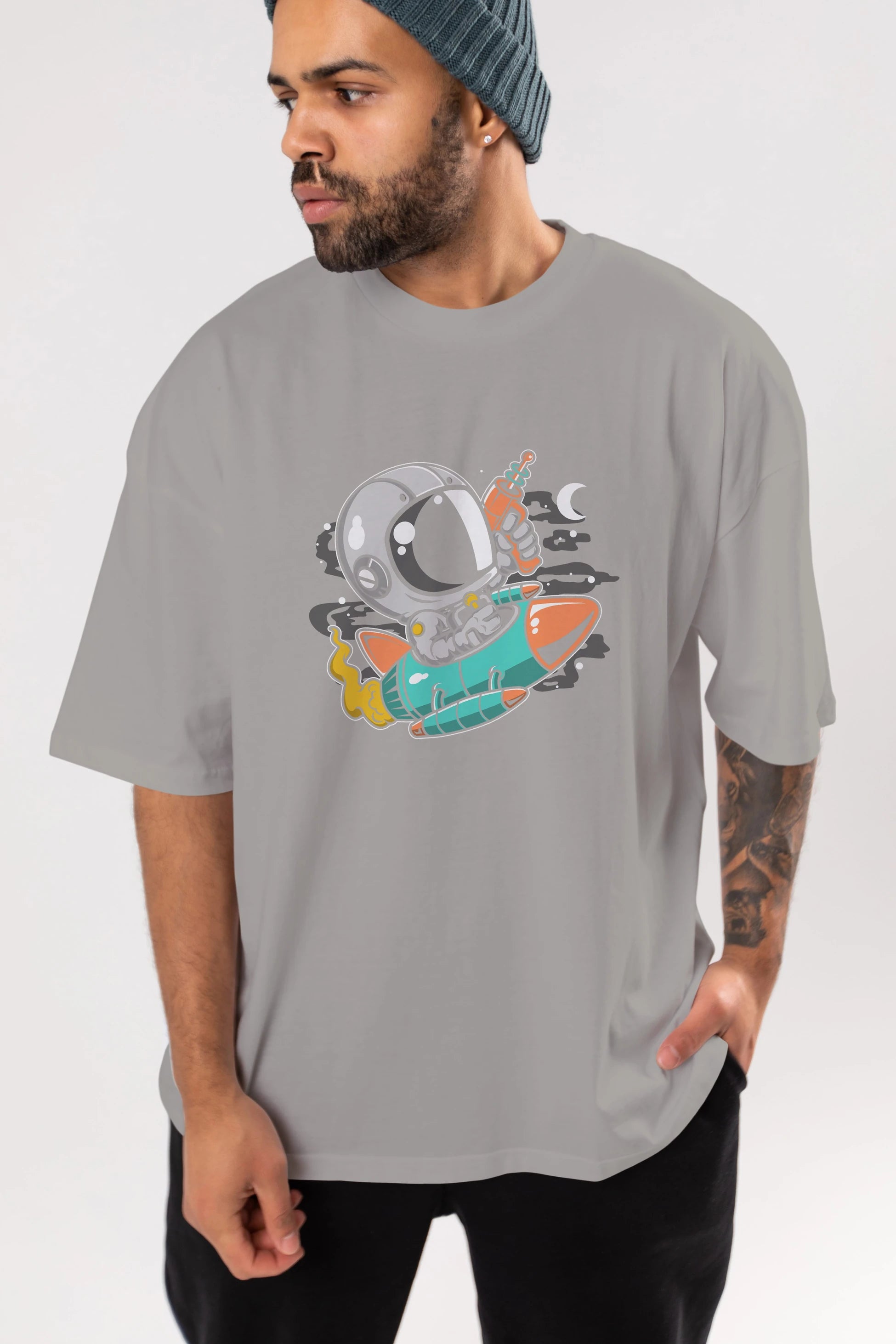 Astronaut Riding Rocket Ön Baskılı Oversize t-shirt Erkek Kadın Unisex