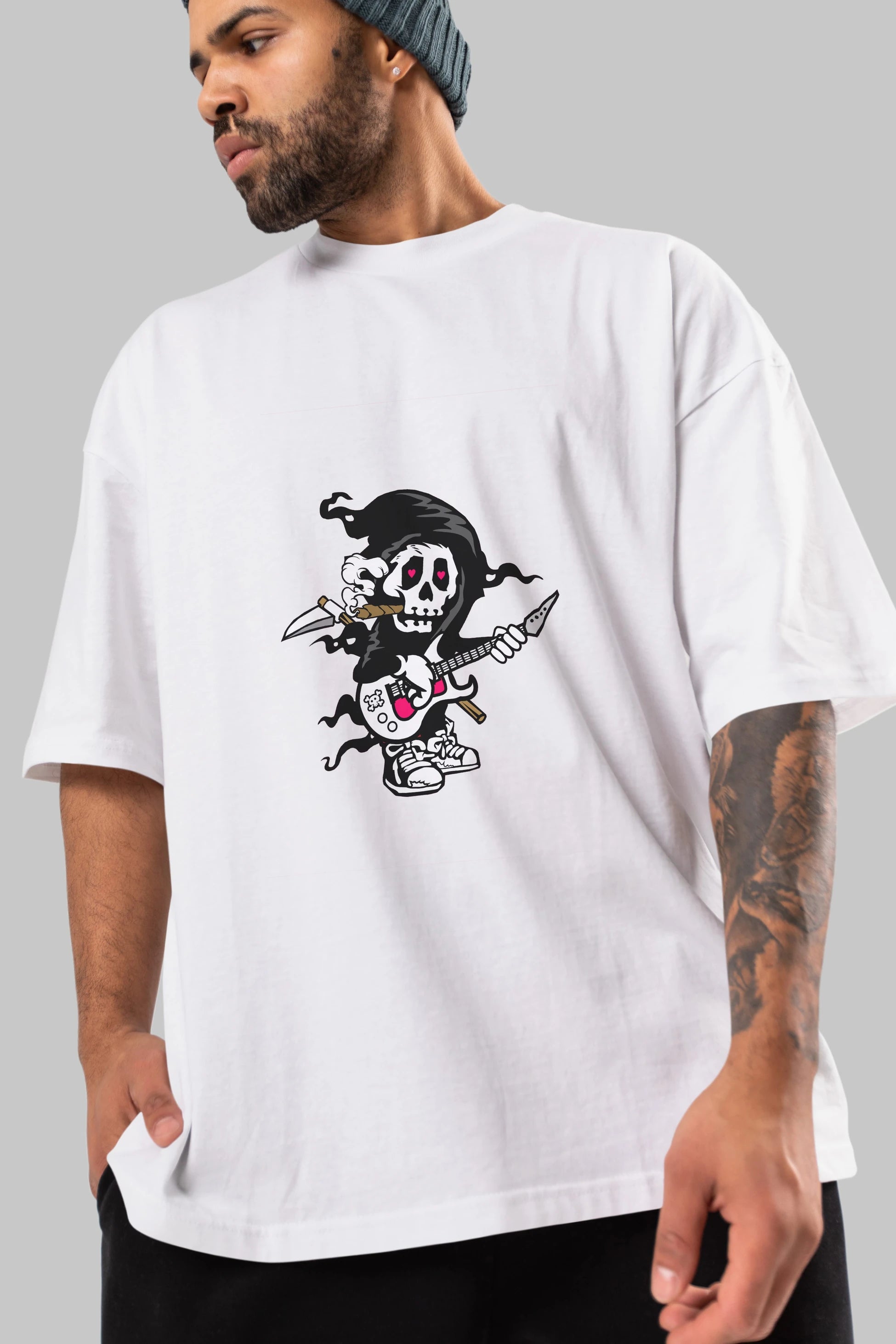 Grim Rockstar Ön Baskılı Oversize t-shirt Erkek Kadın Unisex %100 Pamuk tişort