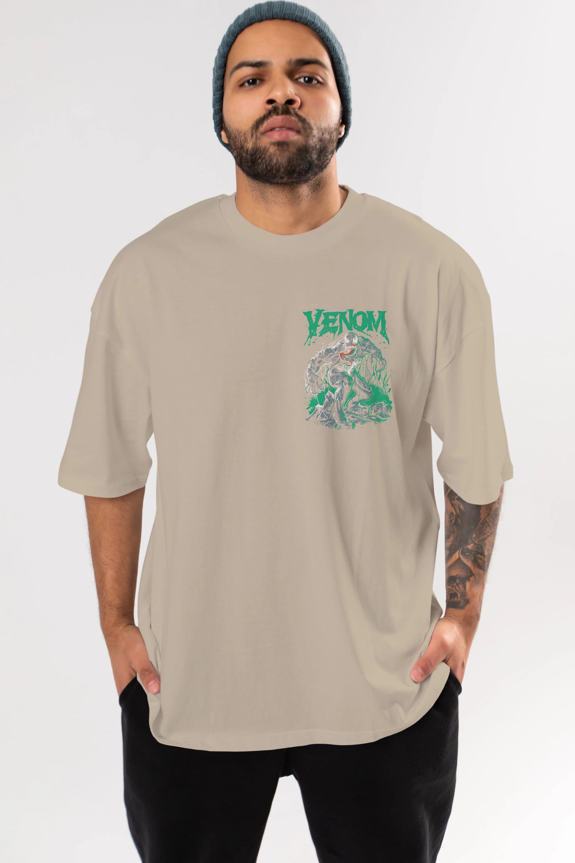 Venom (3) Ön Sol Baskılı Oversize t-shirt Erkek Kadın Unisex %100 Pamuk Bisiklet Yaka tişort