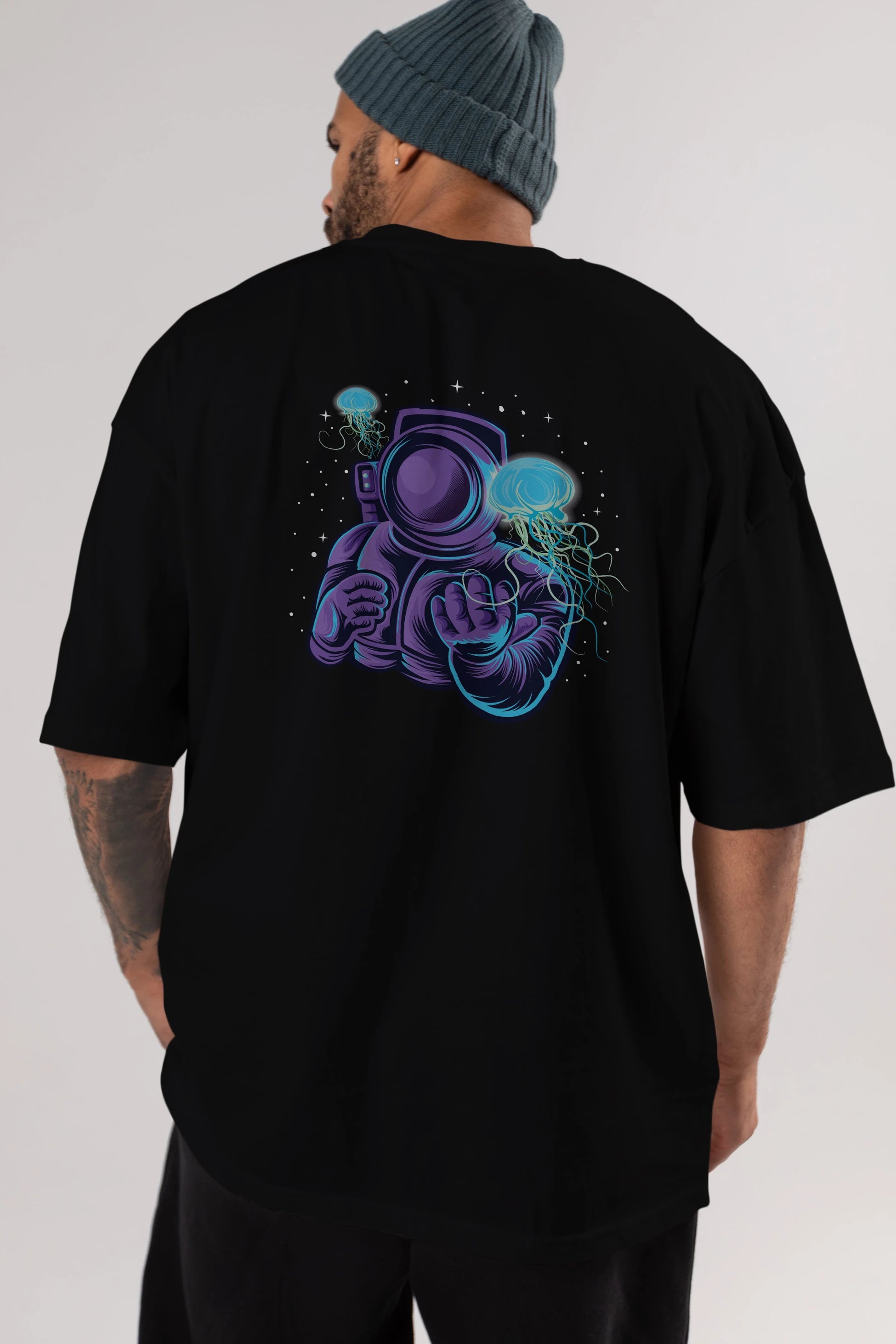 Astronaut and Jellyfish Arka Baskılı Oversize t-shirt Erkek Kadın Unisex