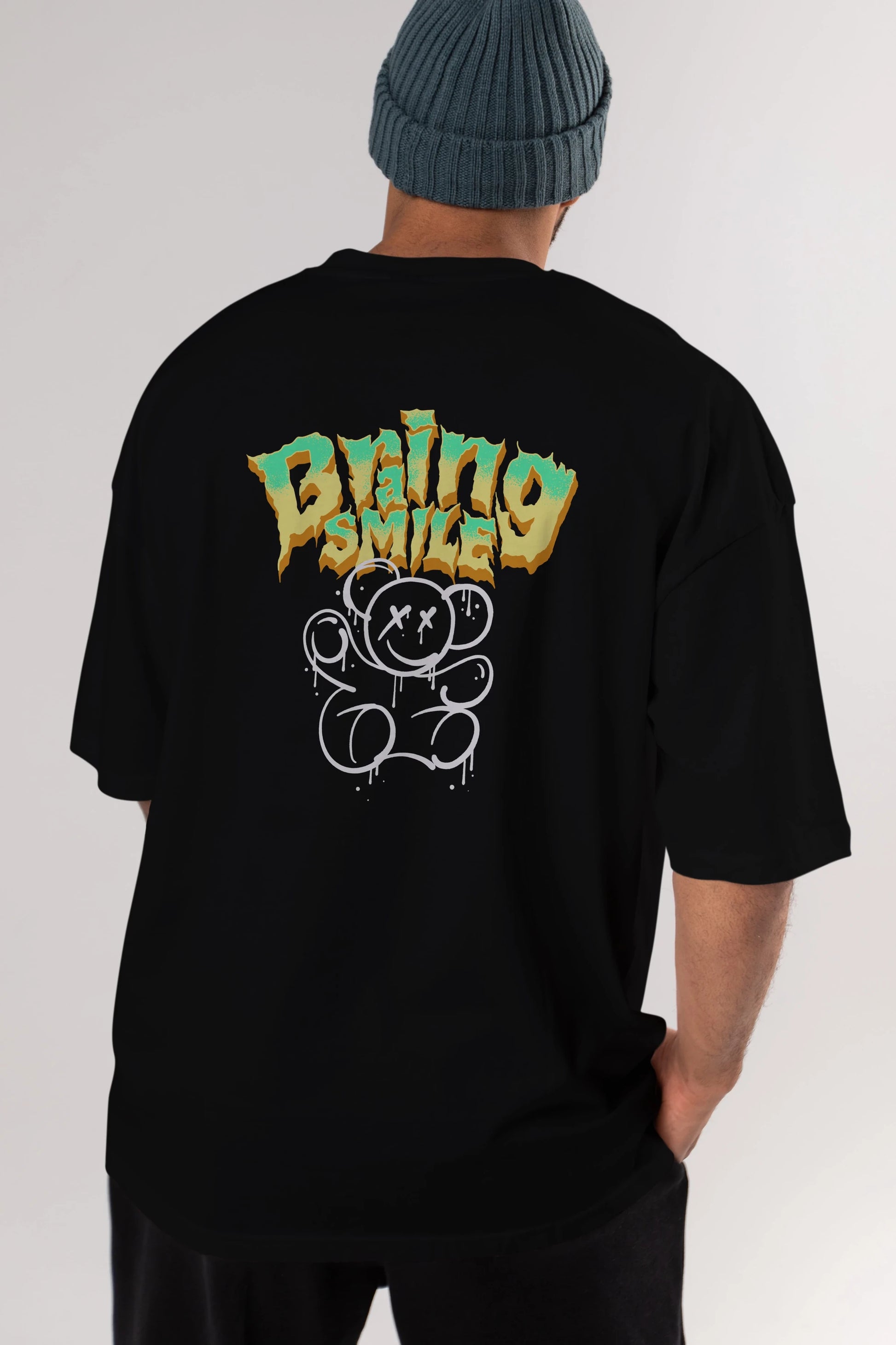 Teddy Bear Braing Smile Arka Baskılı Oversize t-shirt Erkek Kadın Unisex