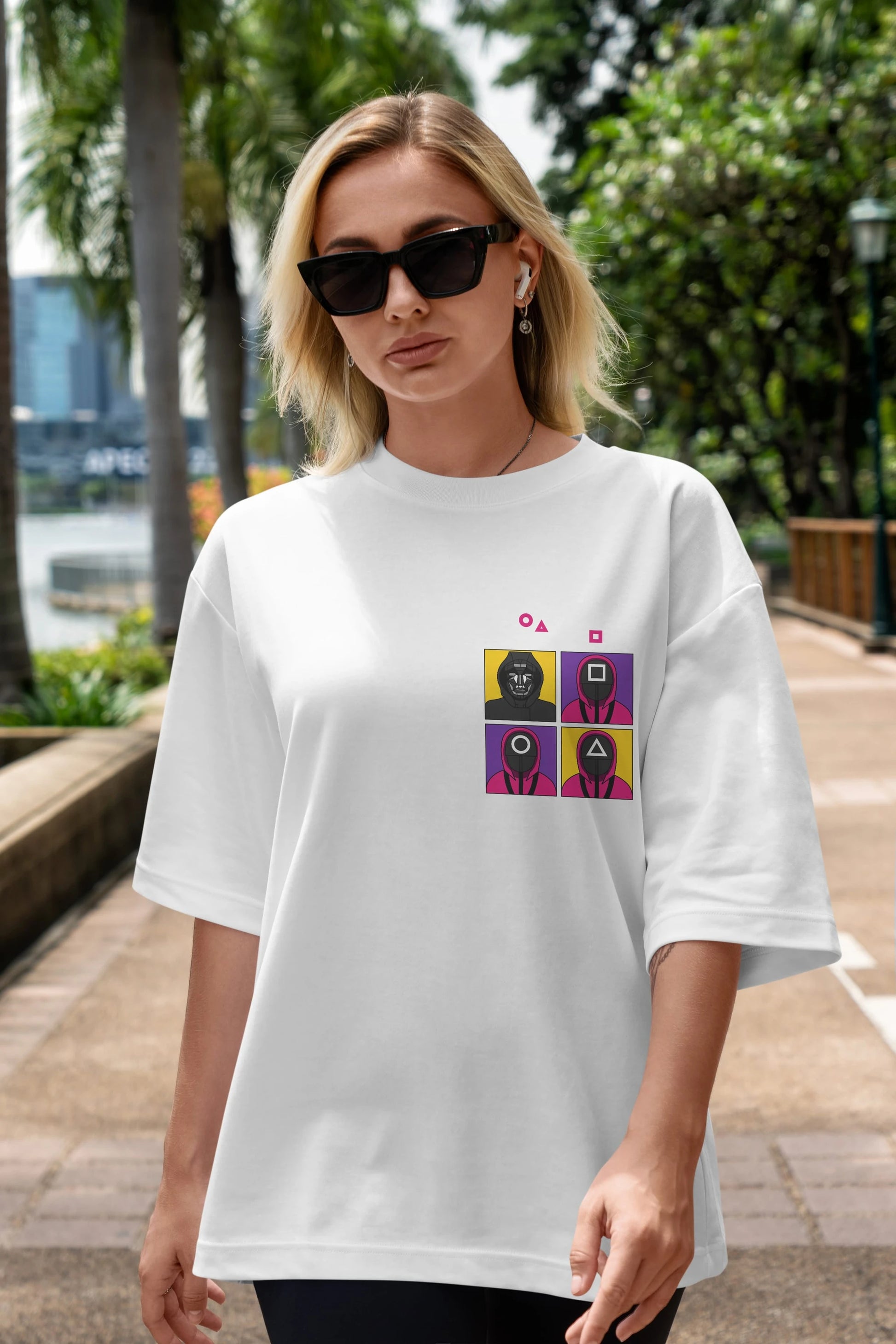 Squid Game (1) Ön Sol Baskılı Oversize t-shirt Erkek Kadın Unisex %100 Pamuk Bisiklet Yaka tişort