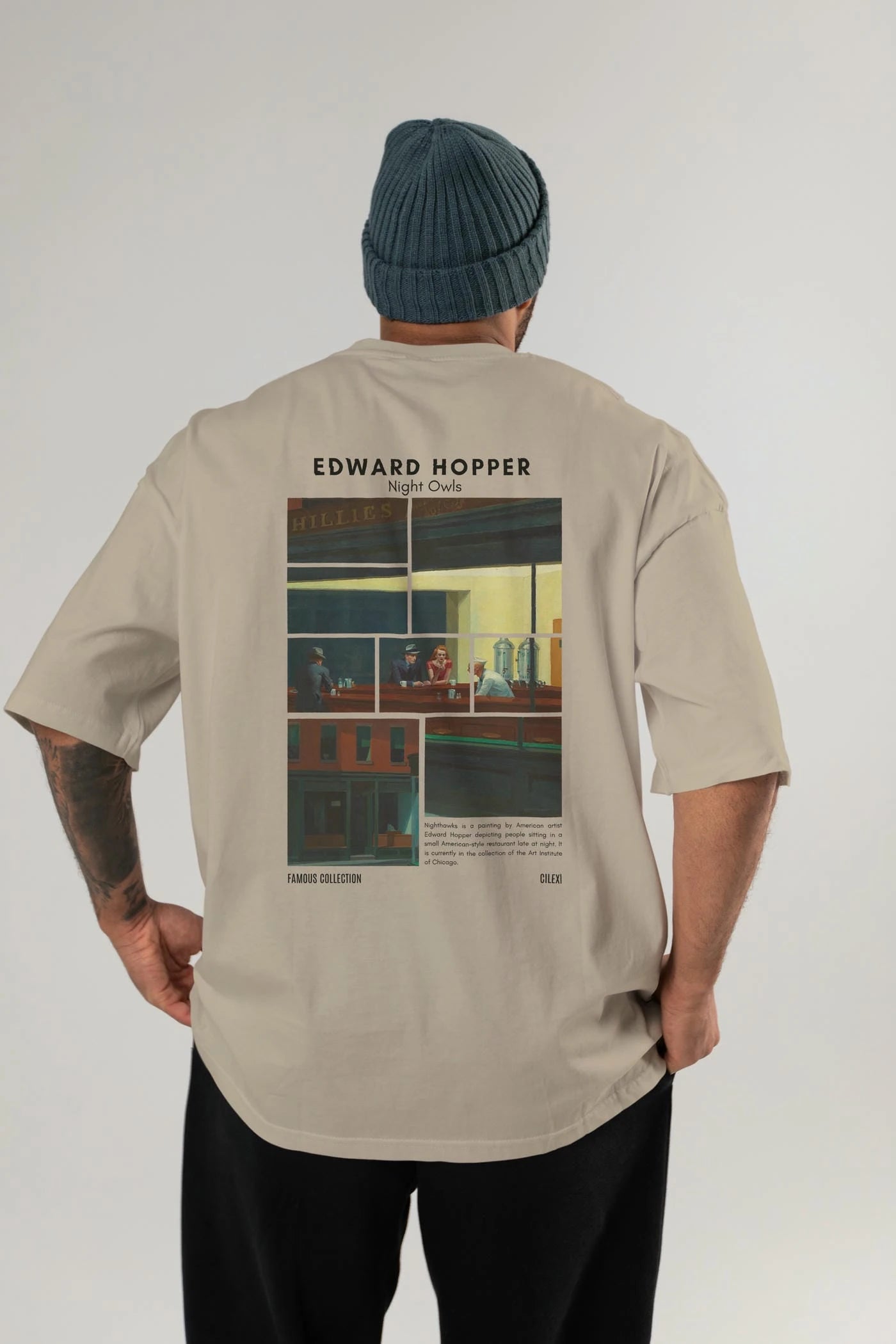 Edward Hopper Night Owls Arka Baskılı Oversize t-shirt Erkek Kadın Bisiklet Yaka Pamuk tişort