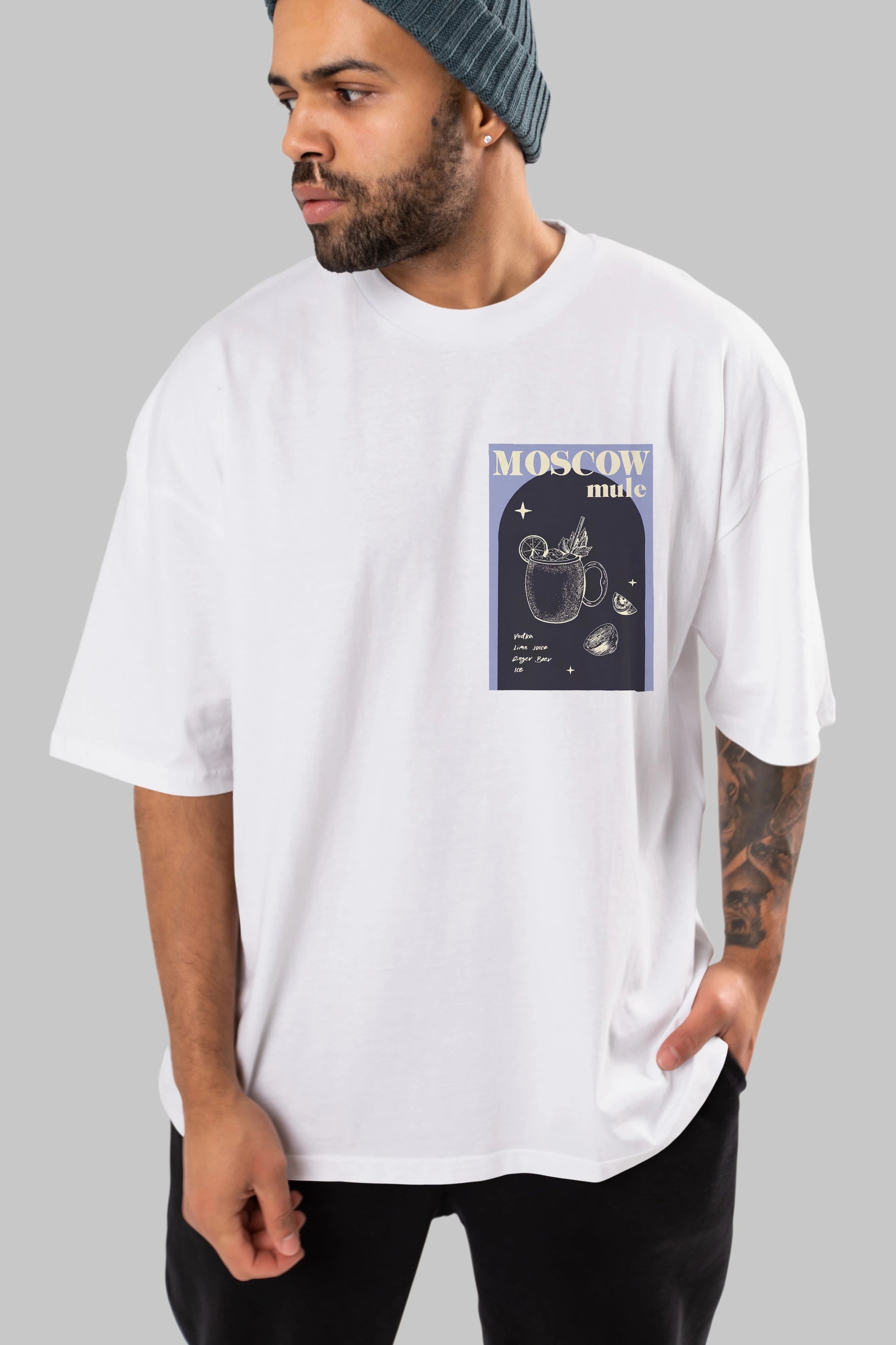 Moscow Mule Ön Sol Baskılı Oversize t-shirt Erkek Kadın Unisex %100 Pamuk Bisiklet Yaka tişort